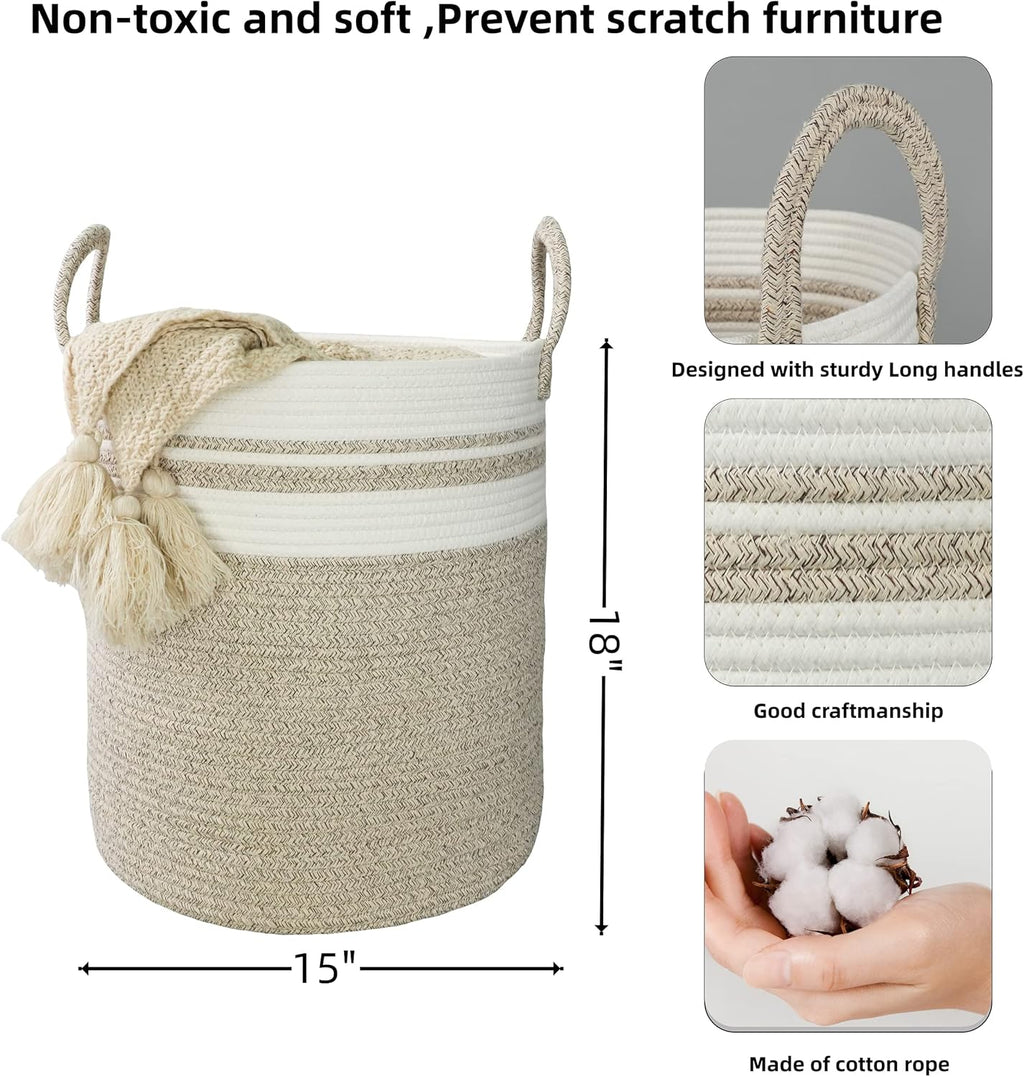 Cotton Rope Laundry Basket Hamper for Clothes Woven Storage Basket for Living Room Bedroom Boho Tall Rope Baskets for Blanket Toys Pillow Towels Baby Nursery Hamper Bin Large brown and white