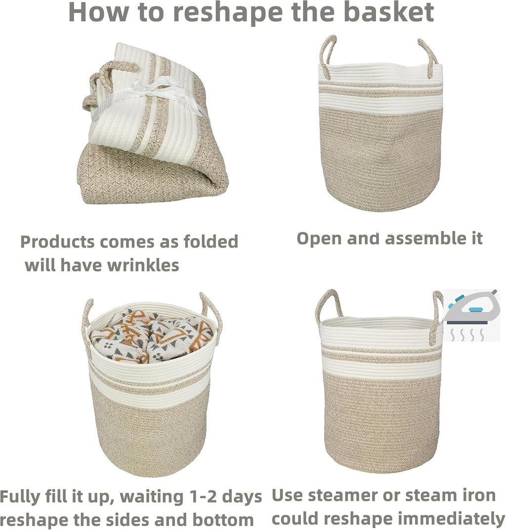 Cotton Rope Laundry Basket Hamper for Clothes Woven Storage Basket for Living Room Bedroom Boho Tall Rope Baskets for Blanket Toys Pillow Towels Baby Nursery Hamper Bin Large brown and white