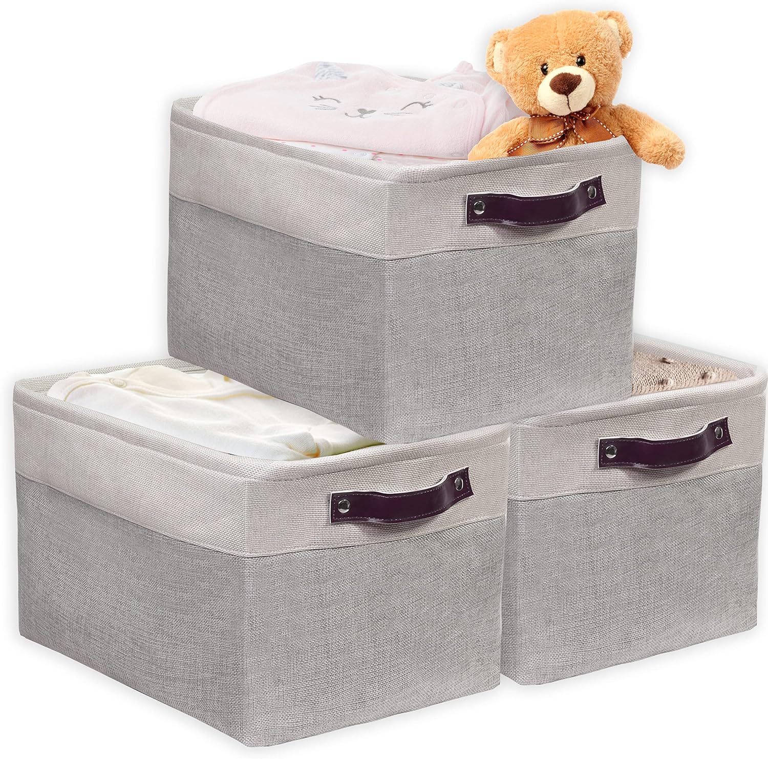 SIMPLE HOUSEWARE Large Fabric Storage Bin, 15" x 11" with Leather Like Handles, 3 Pack, Gray