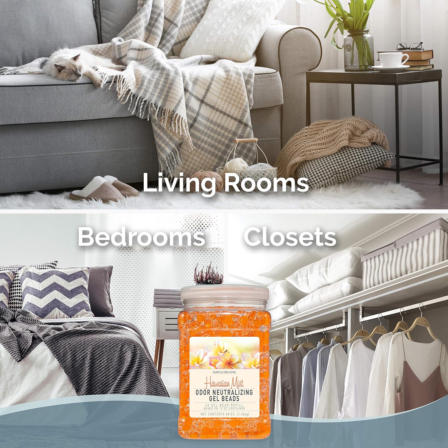 SMELLS BEGONE 48 oz Odor Eliminator Gel Bead Refill - Eliminates Odors from Bathrooms, Cars, Boats, RVs & Pet Areas - Air Freshener - Made with Essential Oils - Hawaiian Mist Scent