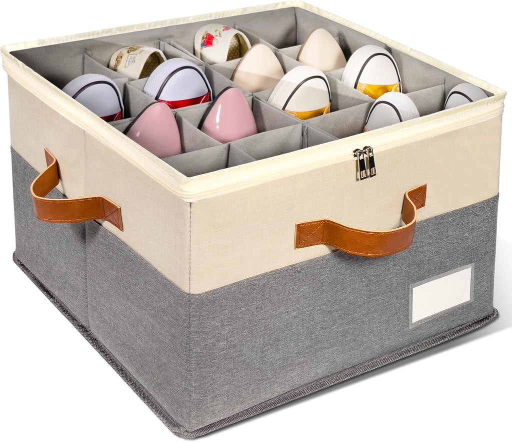 1 Pack Shoe Organizer for Closet, Adjustable Shoe Box Storage Containers, Large Foldable Shoe Bins with Clear Cover, Space Saving Shoes Holder with 4 Handles, Fits 8-16 Pairs, Beige