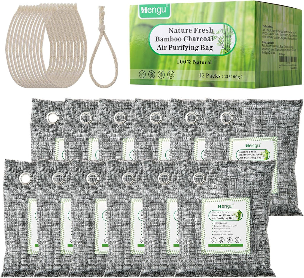 Activated Charcoal Odor Absorber (Large, 12 Pack, 100g each), Natural Charcoal Bags Odor Absorber Bamboo Charcoal Air Purifying Bag for Home, Fridge, Cabinet
