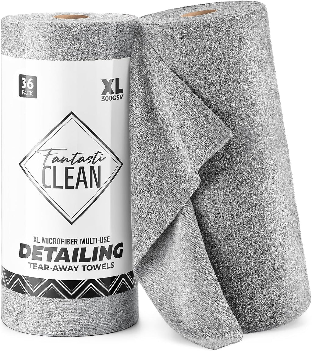 Fantasticlean XL Tear-Away Microfiber Cleaning Cloth Roll, 16'' by 16''- 36 Sheets, Thick & Large Detailing Towels, Ultra Absorbent, Lint-Free Reusable Wipes for Home, Car or Outdoor (Glossy Grey)