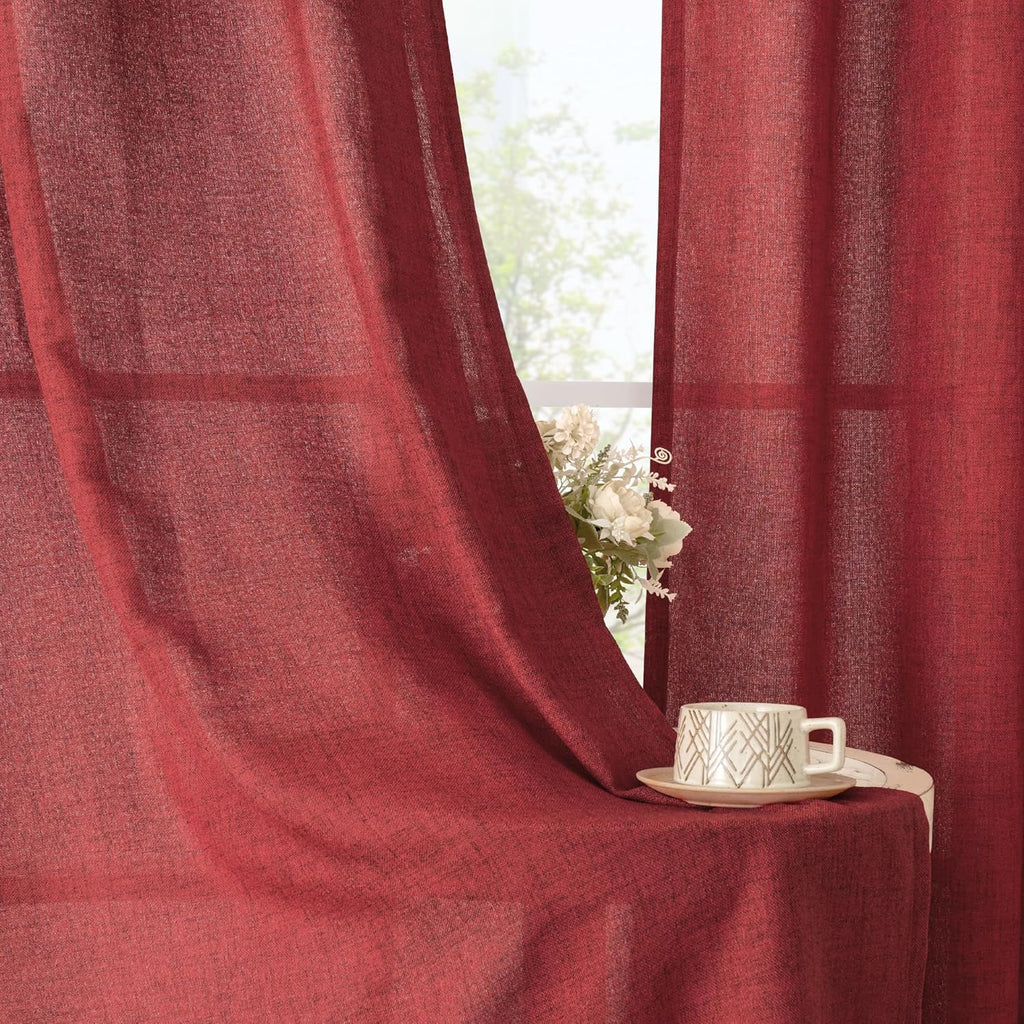 YoungsTex Red Linen Semi Sheer Curtains 72 Inch Length for Living Room - Light Filtering Drapes with Back Tab Rod Pocket Privacy for Bedroom Christmas Decor, 2 Panels, 52 X 72 Inch