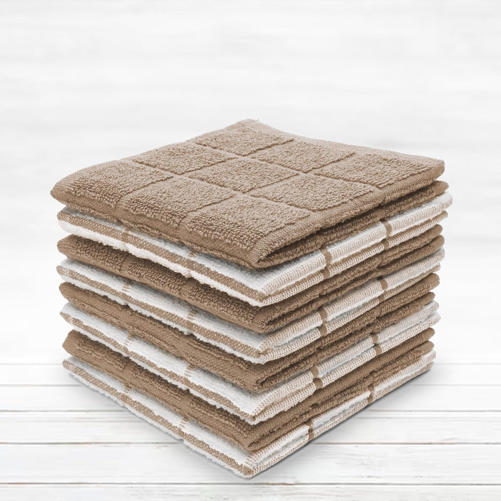100% Cotton Terry Dish Cloth & Dish Towel, 6 Pack, Super Soft and Absorbent Kitchen Towels, Perfect for Kitchen Cleaning and Dish Washing (TAN (Solid and Checks) 8 Pack)