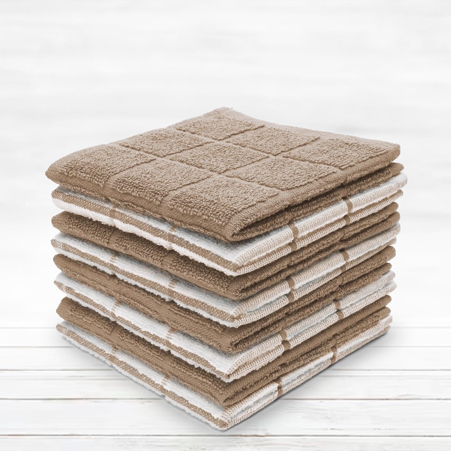 100% Cotton Terry Dish Cloth & Dish Towel, 6 Pack, Super Soft and Absorbent Kitchen Towels, Perfect for Kitchen Cleaning and Dish Washing (TAN (Solid and Checks) 8 Pack)