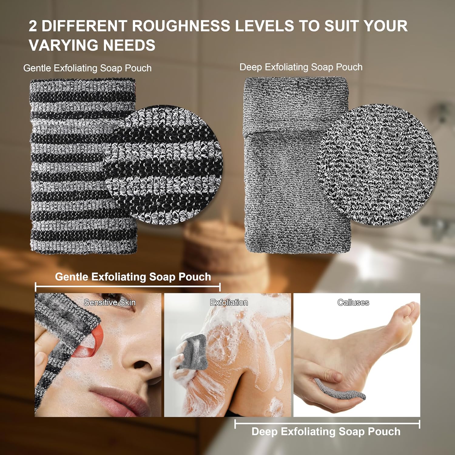 4 Pack Soap Bag Different Roughness Deep and Gentle,Bar Soap Pouch Saver Pocket,Exfoliating Body Scrubber Shower Bath Sponge Loofah (Grey)