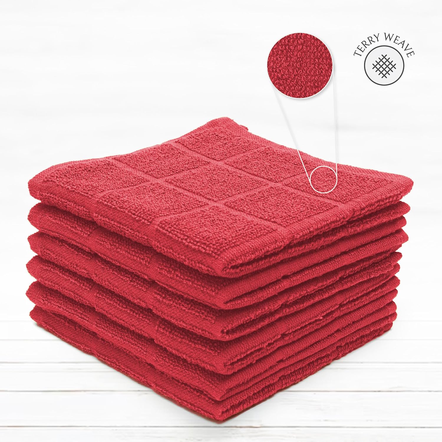 100% Cotton Dish Cloths for Dish Washing, Terry Dish Cloth, Cotton Dish Rags, 6 Pack, Super Soft and Absorbent, 12"x12" inches, Reusable Cleaning Cloth, RED Dish Cloth