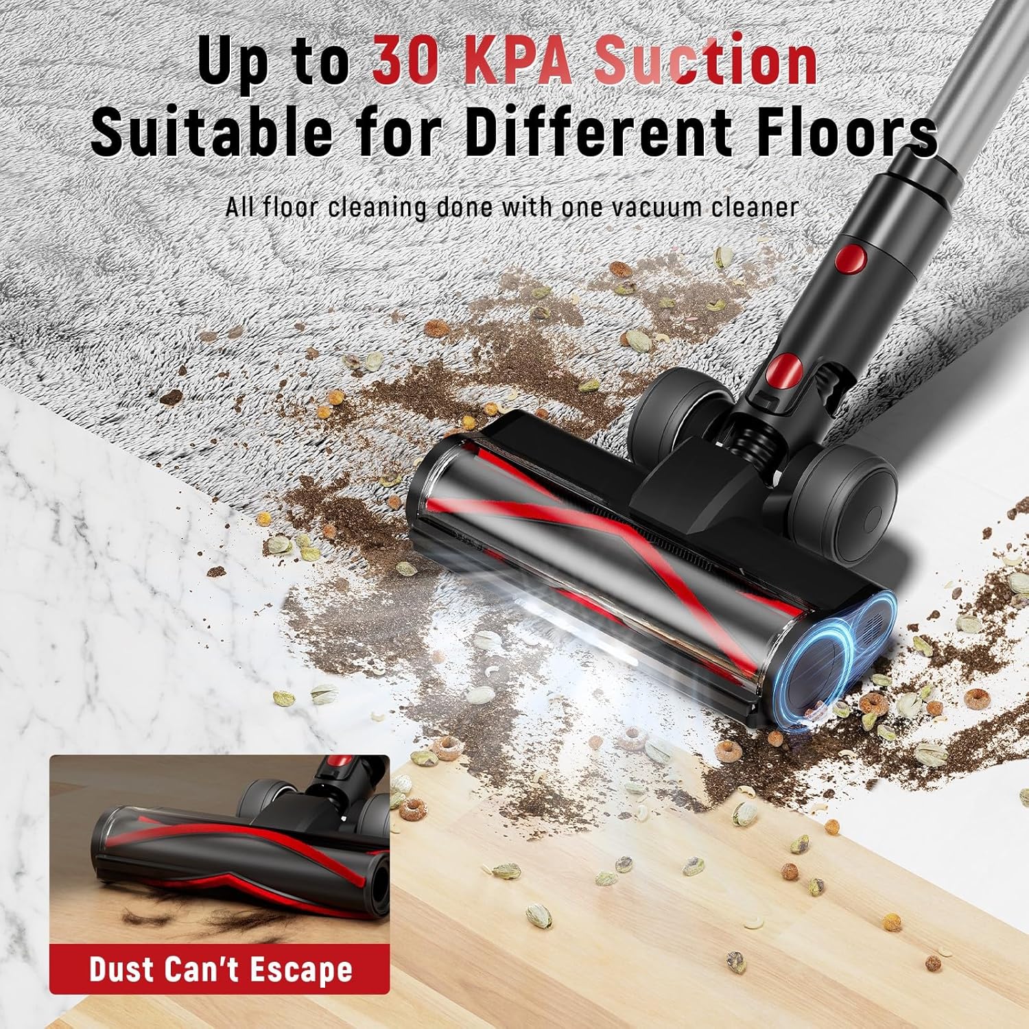 Cordless Vacuum Cleaner, 30Kpa Home Stick Vacuum, Smart Display & 1.5L Dust Cup, 55mins Max Runtime, Rechargeable Lightweight Handheld Vavuum for Pet Hair/Carpet/Hardwood Floor/Car (Red)