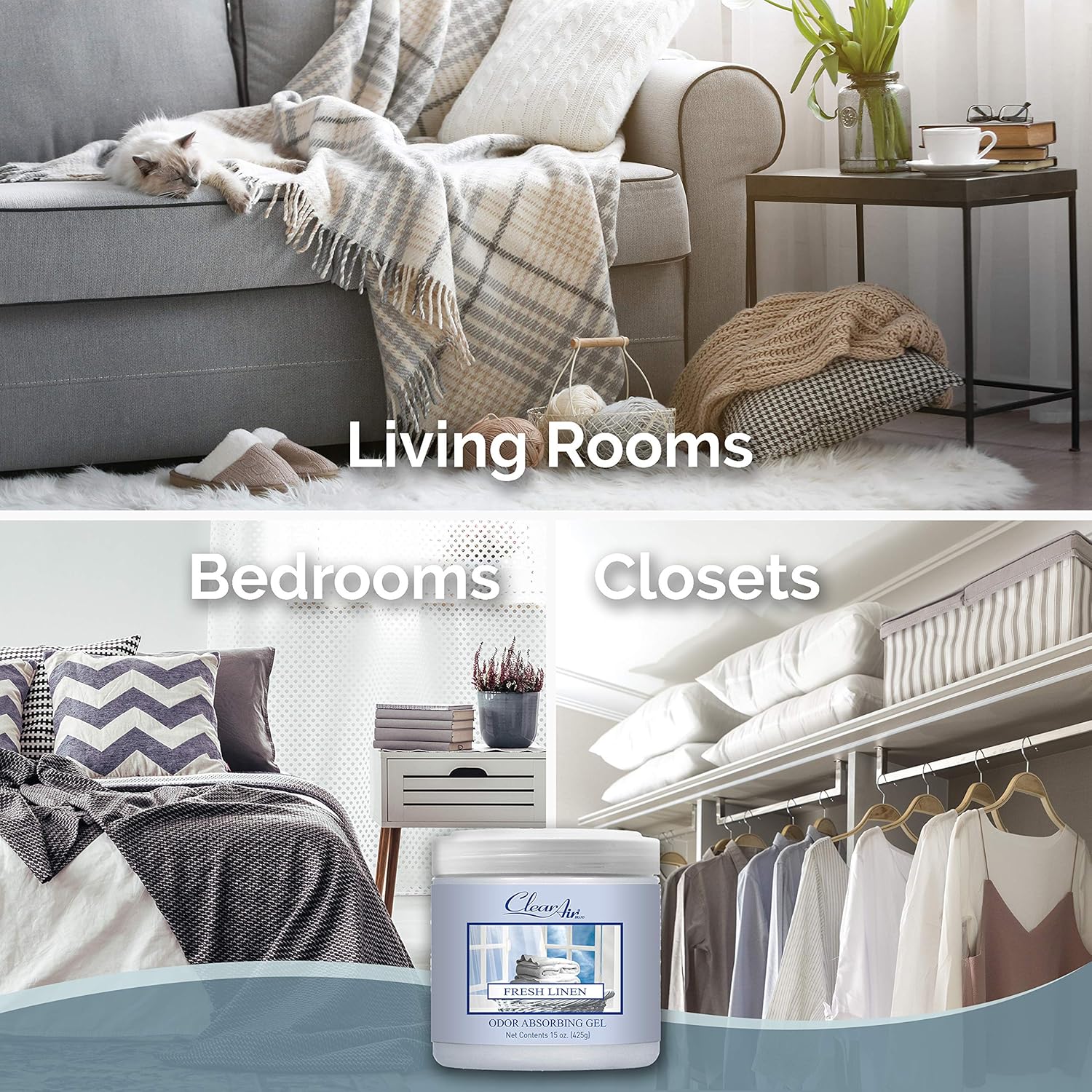 Clear Air Odor Absorber Gel - 15 oz, Pack of 2 - Air Freshener Absorbs and Eliminates Odors in Bathrooms, Cars, Boats, RVs and Pet Areas - Made with Essential Oils - Fresh Linen Scent