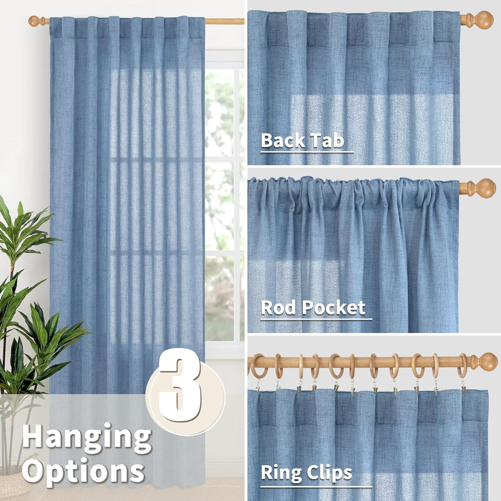 YoungsTex Denim Blue Short Linen Curtains 40 Inch Length for Kitchen Window, Semi Sheer Window Drapes with Rod Pocket Back Tab Light Filtering Privacy for Bathroom, 2 Panels, 42 x 40 Inch