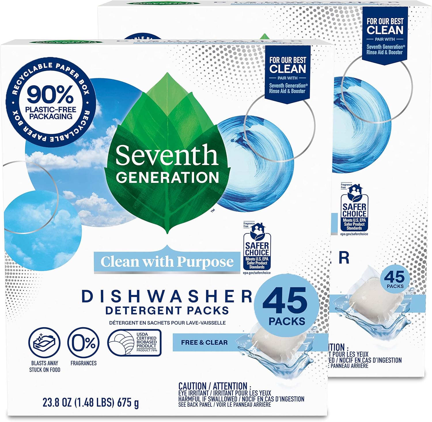 Seventh Generation Dishwasher Detergent Packs Free & Clear Pack of 2 for sparkling dishes Dishwasher tabs 45 count