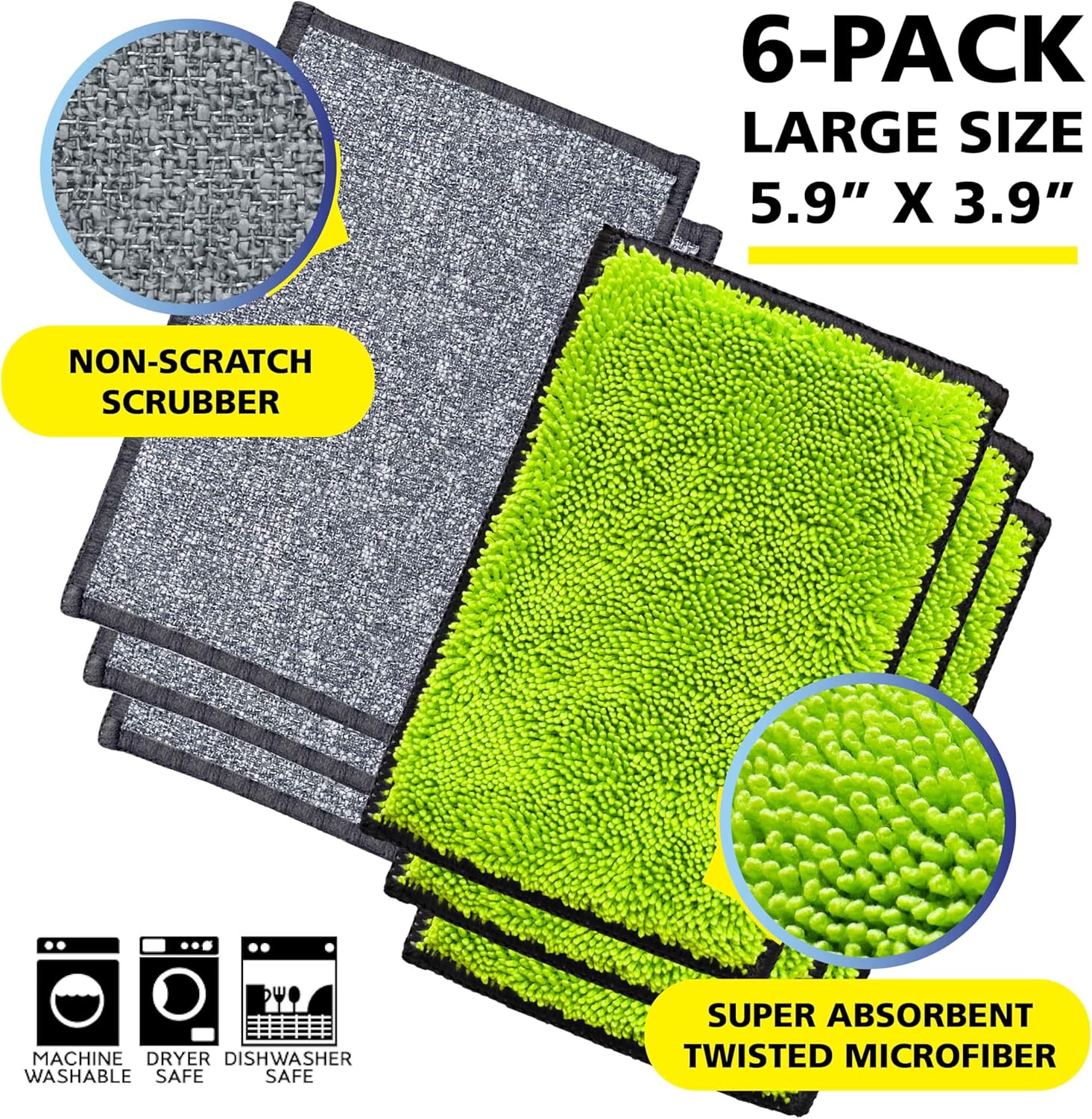 Fresh Tuff-Scrub, Large, 6-Pack Scrub-N-Wipe Sponge Cloth with Silvadur Antimicrobial for Odor Control, Microfiber, Multi-Surface, Non-Scratch, Dual-Sided, Machine Washable, Durable Kitchen Sponge