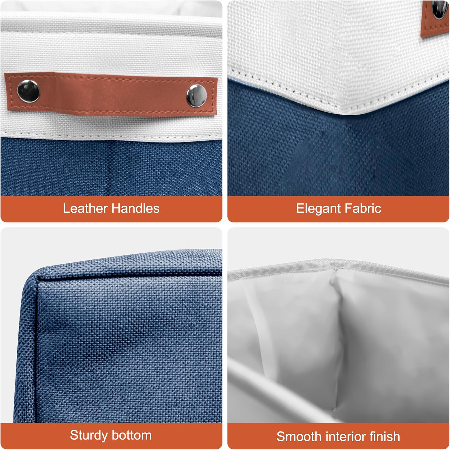 13in Open Fabric Storage Basket with Leather Handles for Organizing, Collapsible Linen Closet Bins for Shelves, Closets, Laundry, Decorative Basket for Gifts. (White＆Blue, 3PCS/13x13in)