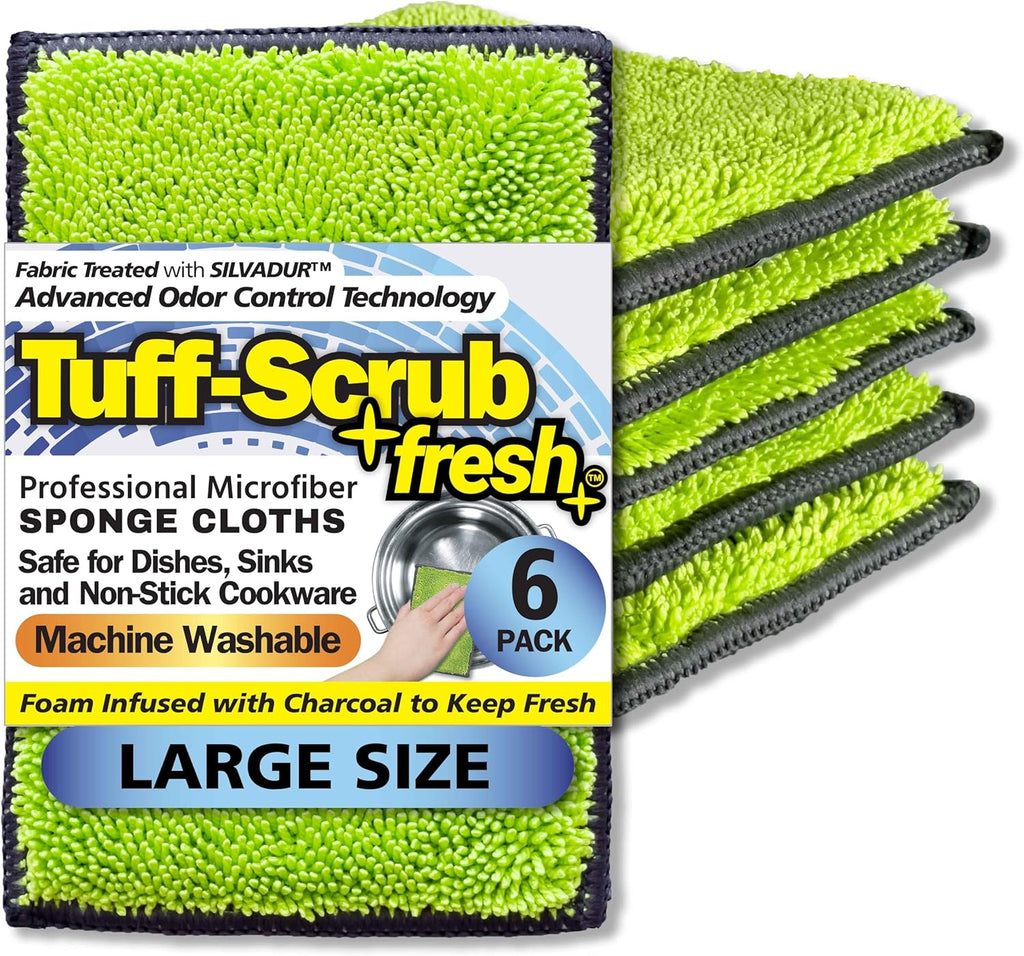 Fresh Tuff-Scrub, Large, 6-Pack Scrub-N-Wipe Sponge Cloth with Silvadur Antimicrobial for Odor Control, Microfiber, Multi-Surface, Non-Scratch, Dual-Sided, Machine Washable, Durable Kitchen Sponge