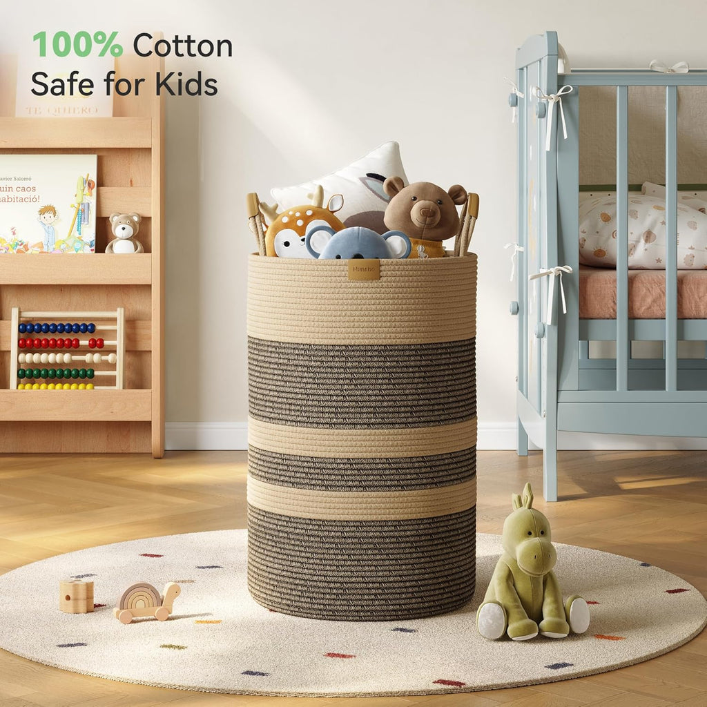 75L Striped Laundry Hamper with Leather Handles,Large Foldable Laundry Basket for Clothes,Cotton Rope Storage Bin for Blankets,Woven Clothes Basket for Bedroom,Dark Brown Stripes