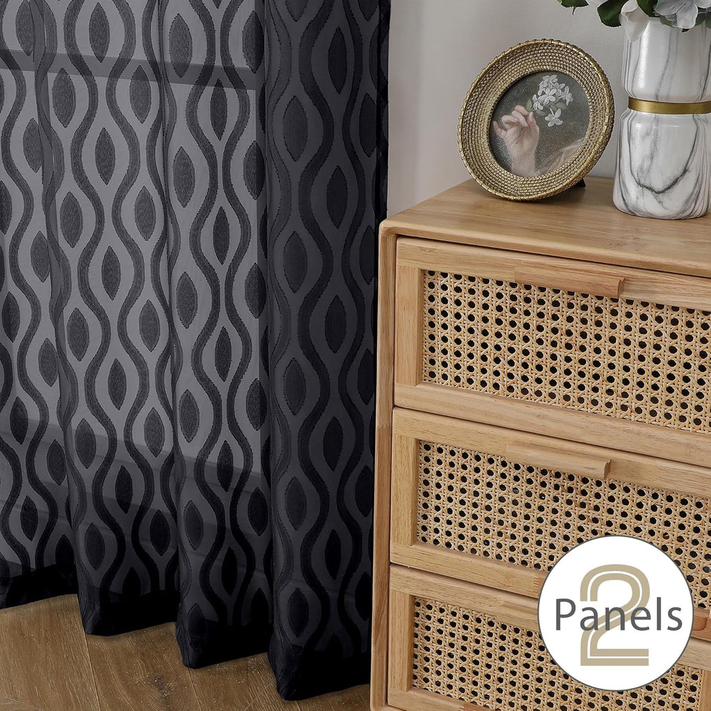 Aiyufeng Extra Long Sheer Curtains 96 Inches Long for Bedroom 2 Panels Set, Farmhouse Black Wavy Line Light Filtering Clip Jacquard Solid Voile Living Room Curtains, Dual Rod Pocket, 40"Wx96"L Inches