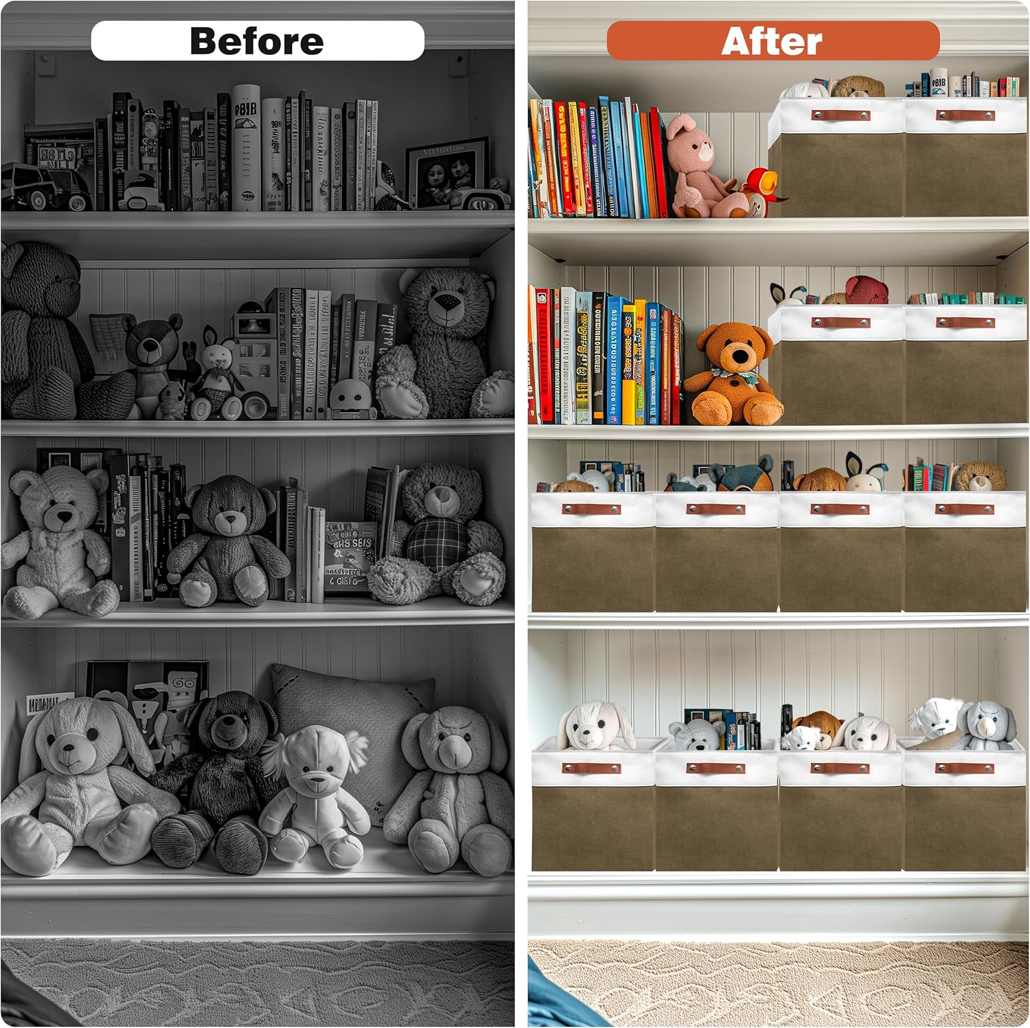 13in Open Fabric Storage Basket with Leather Handles for Organizing, Collapsible Linen Closet Bins for Shelves, Closets, Laundry, Decorative Basket for Gifts. (White＆Brown, 3PCS/13x13in)