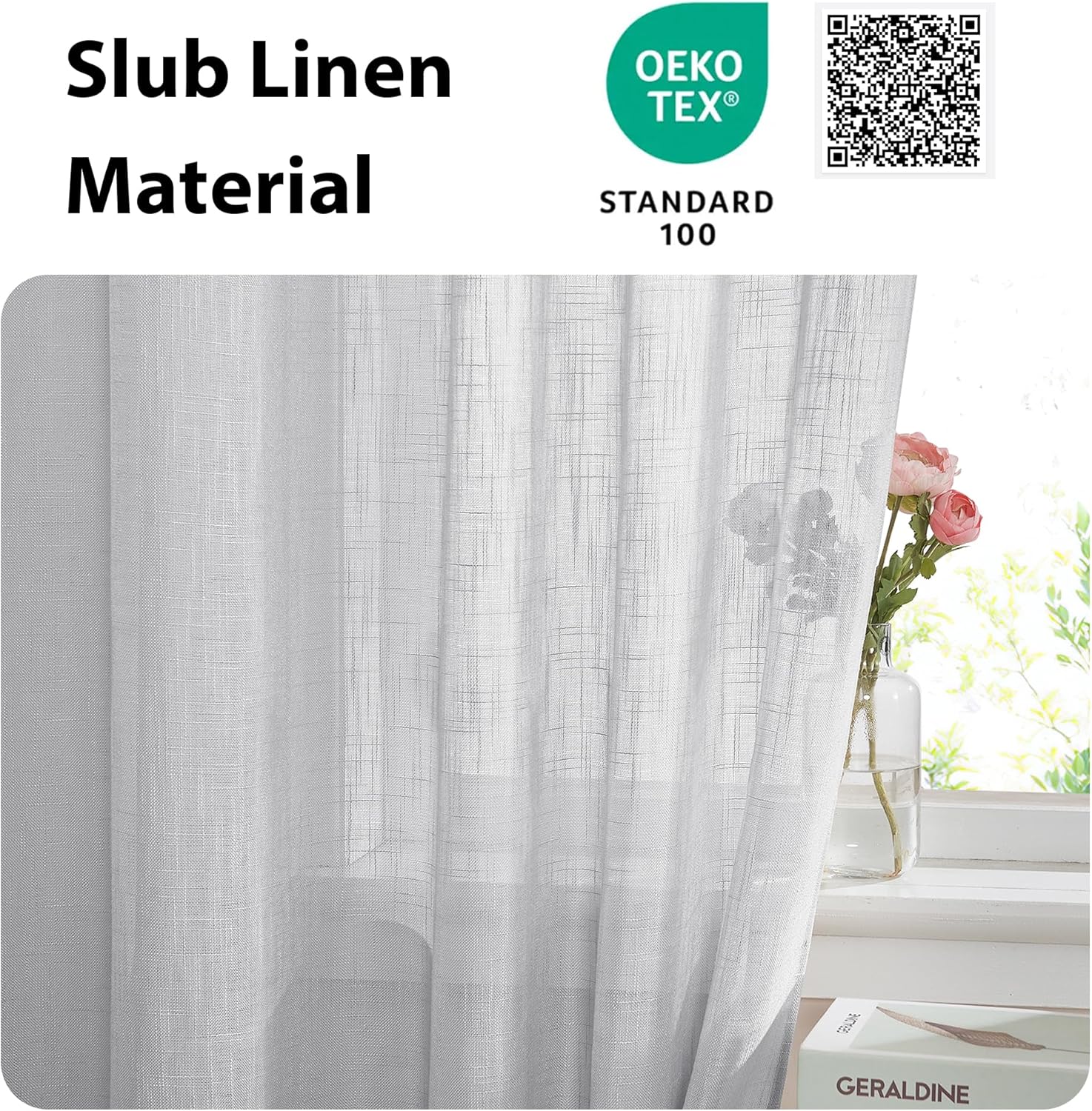 NICETOWN French Door Panel with Tieback - Linen Look Sheer Curtain Linen Textured Sheer French Door Panel with a Tieback (52 Width x 72 Length, Light Grey, 1 PC)