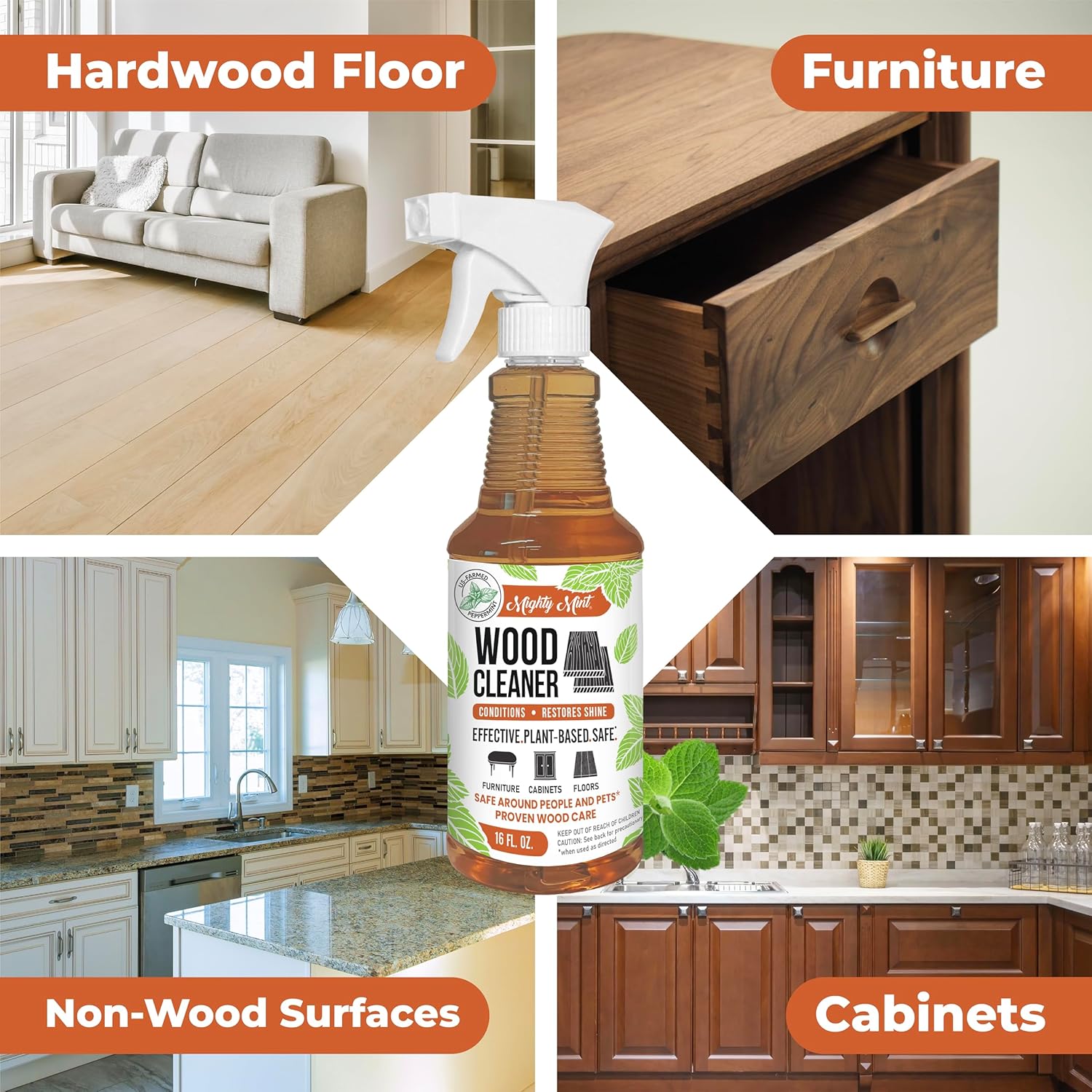 Mighty Mint Wood Cleaner and Conditioner, Spray Cleans and Renews Wood, Natural Peppermint Scent, 16oz