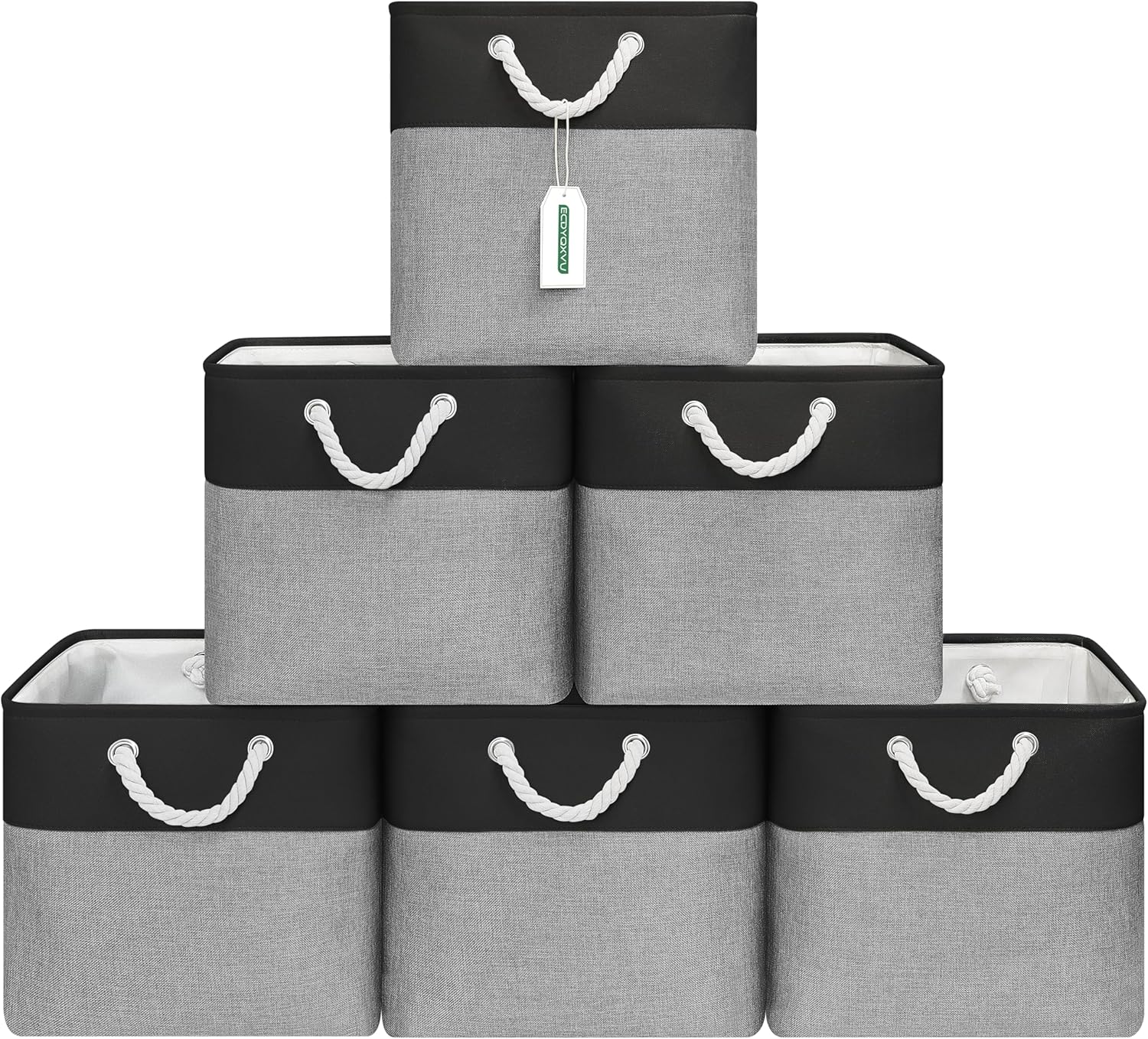 13x13 Inch Cube Storage Bins with Reinforced Bottom Cardboard, 6 Pack Large Collapsible Fabric Storage Cubes with Handles for Shelf, Closet, Toy, Laundry Organization (Black&Gray)