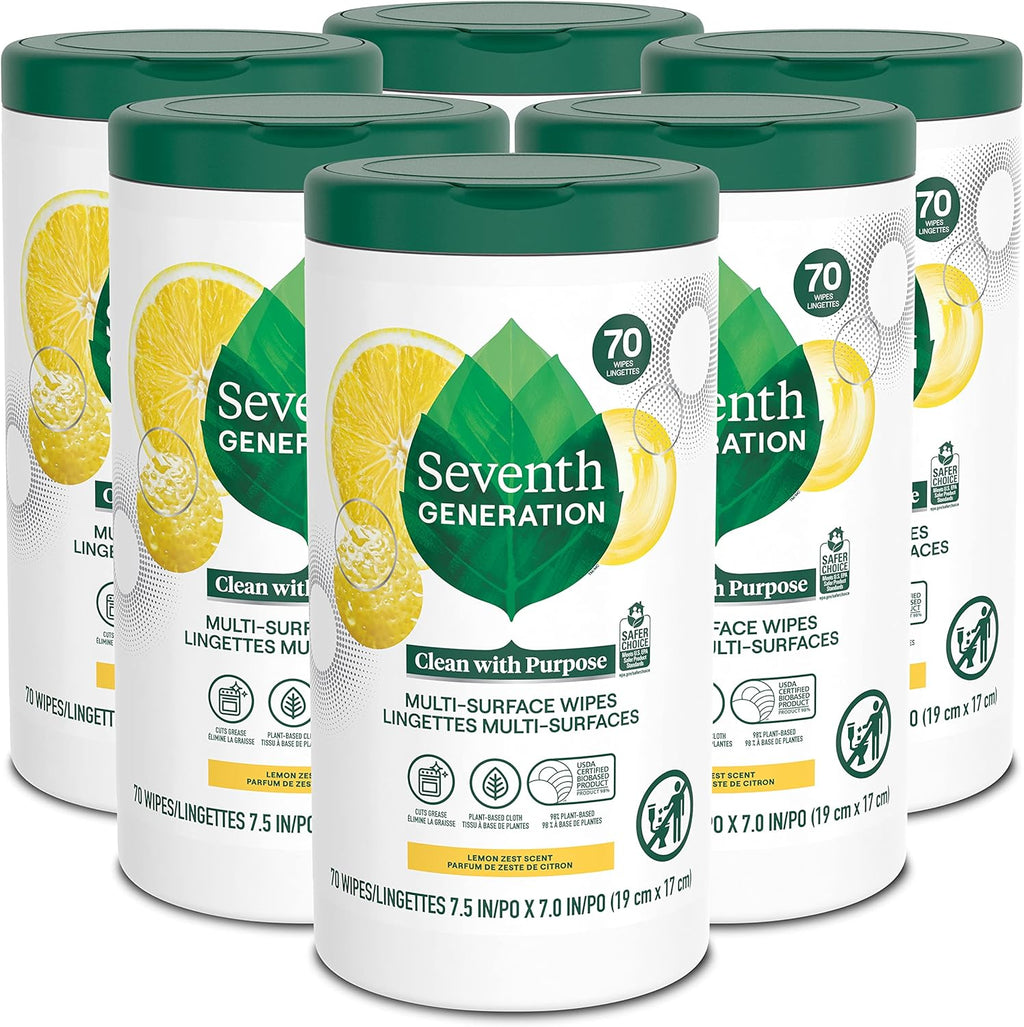 Seventh Generation Multi Surface Wipes All Purpose Cleaning Lemon Zest scent with 100% Essential Oils and Botanical Ingredients 70 count, Pack of 6