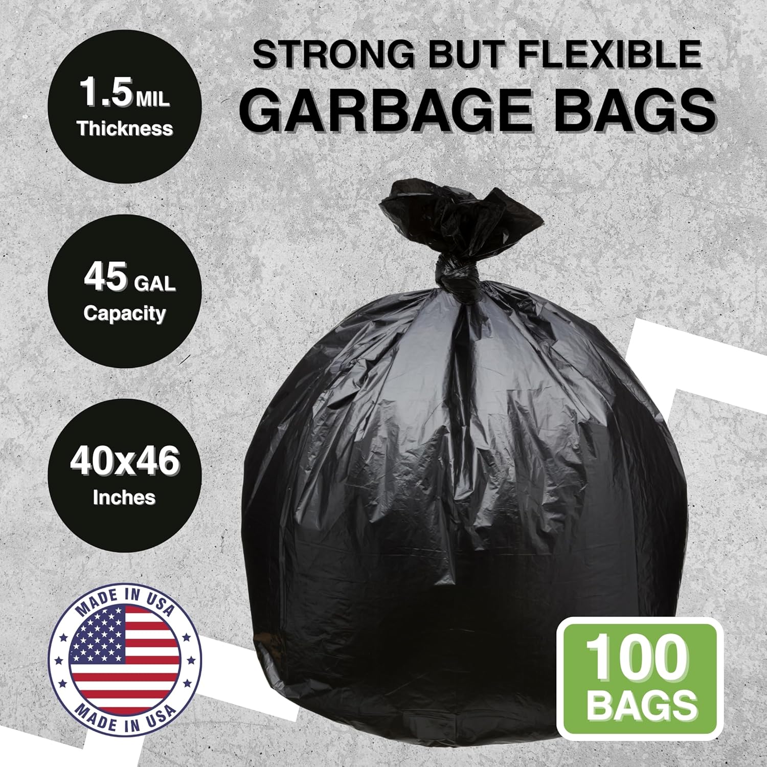45 Gallon Garbage Trash Bag 40X46" 1.5 Mil Black 100 Count Can Liner Bulk 40 Gallon 41 Gallon 42 Gallon 43 Gallon 44 Gallon Made in USA