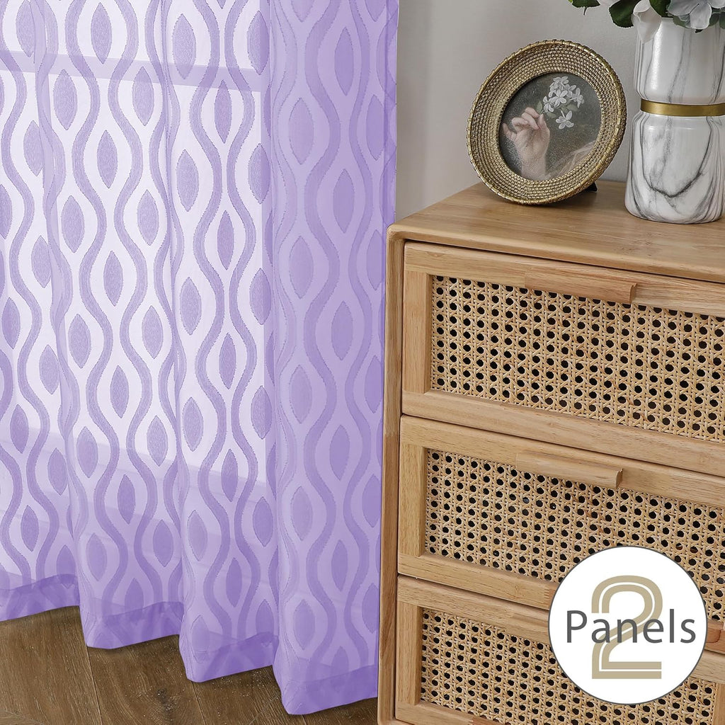 Aiyufeng Purple Sheer Curtains 84 Inch Length 2 Panels, Solid Lightweight Clip Jacquard Light Filtering for Bedroom Living Room, Modern Wavy Line Rod Pocket, Total 80 Inches Width