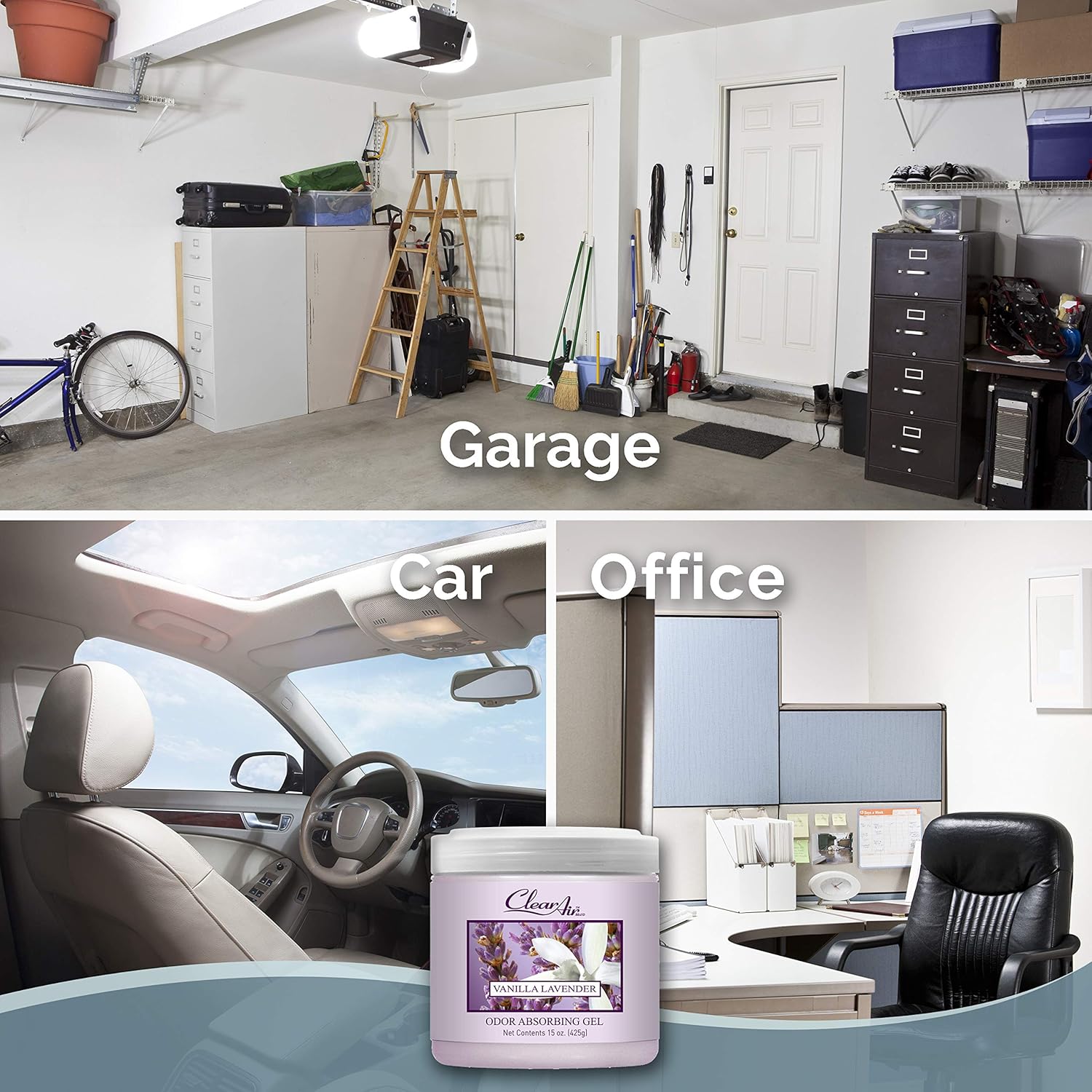 Clear Air Odor Absorber Gel - 15 oz, Pack of 2 - Air Freshener Absorbs and Eliminates Odors in Bathrooms, Cars, Boats, RVs and Pet Areas - Made with Essential Oils - Lavender Vanilla Scent