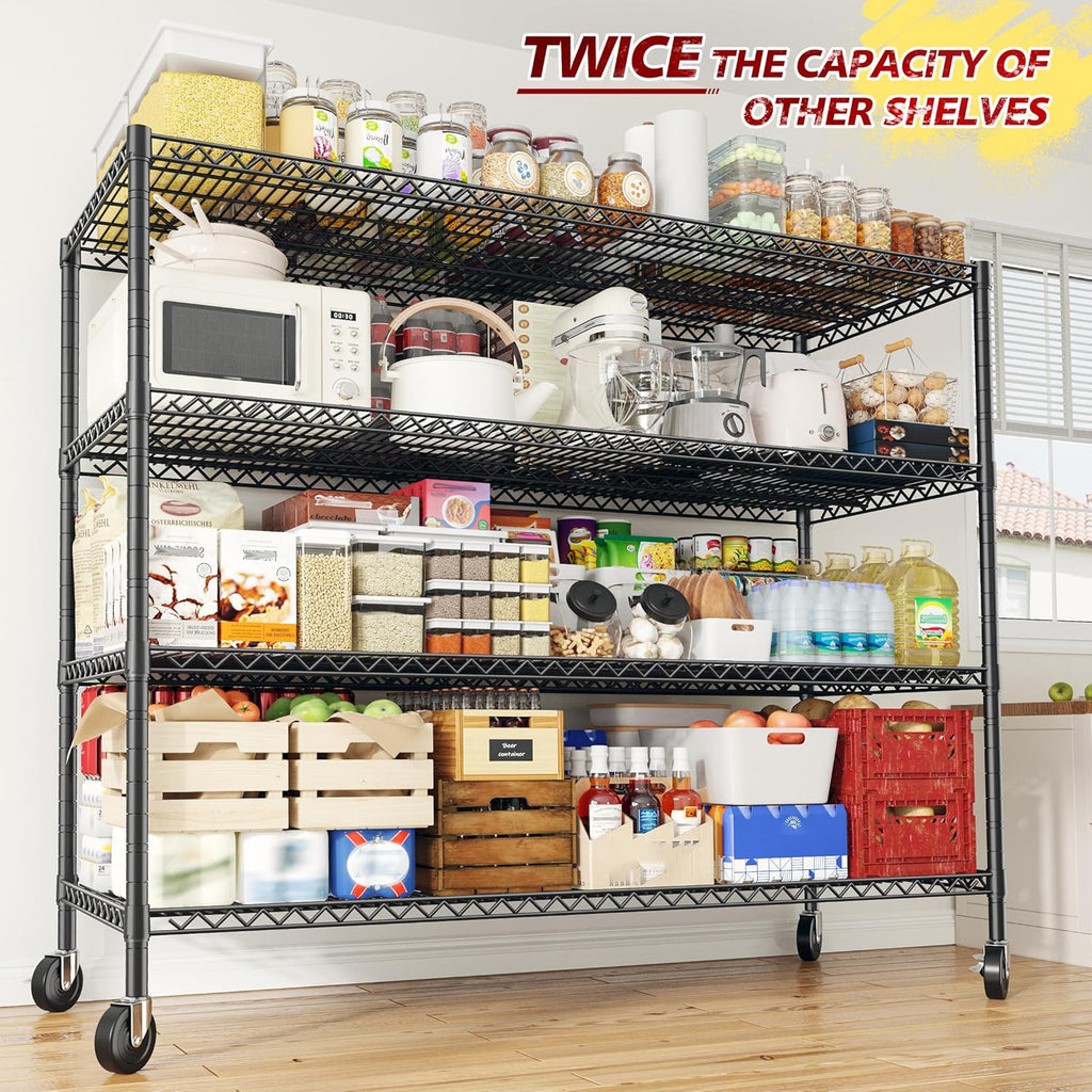 REIBII 75.6" H Storage Shelves 2500LBS Wire Shelving Unit with Wheels Garage Shelving Heavy Duty Metal Shelves for Storage Rack Adjustable Pantry Shelf Commercial Shelving, 75.6" H X 55.5''W X 24" D