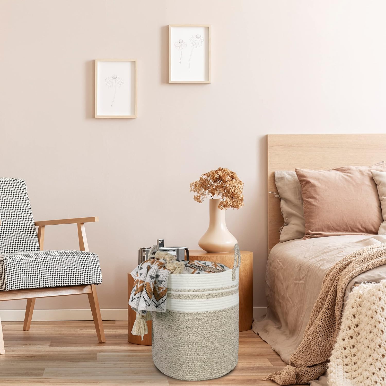 Cotton Rope Laundry Basket Hamper for Clothes Woven Storage Basket for Living Room Bedroom Boho Tall Rope Baskets for Blanket Toys Pillow Towels Baby Nursery Hamper Bin Large brown and white