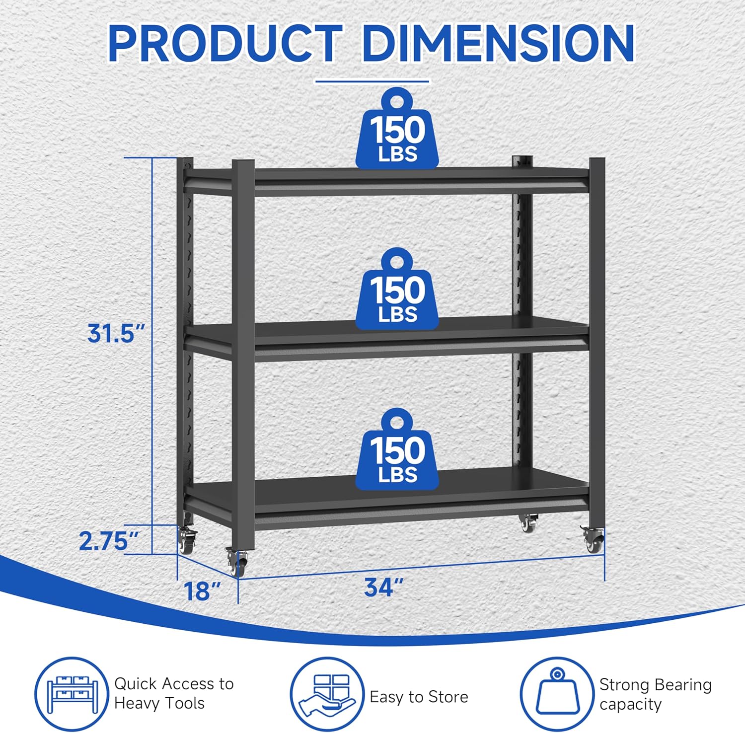 3 Tier Adjustable Garage Storage Shelving,Heavy Duty Utility Rack Shelf Unit on 4 Wheel Casters,Standing shelves for Garage, Home, Pantry,Kitchen,Warehouse,Bathroom & Laundry,Storage Rack - Black