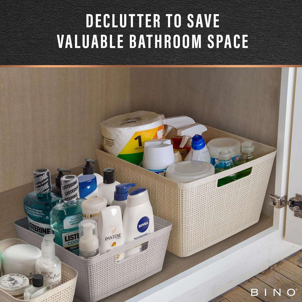 BINO | Woven Plastic Basket | Small (Natural Grey), 5-Pack | THE JUTE COLLECTION | Home Organization, Space - Saving Storage, Stylish Design | Jute Basket | Plastic Storage Basket