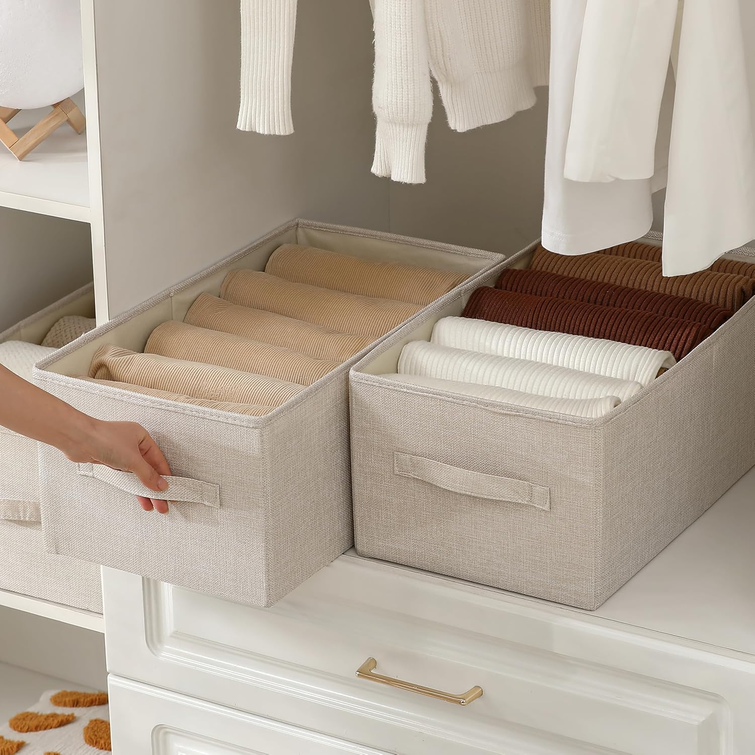 Linen Folding Storage Bins, 3 Pack Large Storage Baskets, Washable, Clothing Storage Bins with Handle, Closet Organizer for Storage Sweater,Sheets(Beige, 18½"x11" x8½")