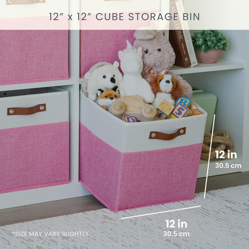 OrganiHaus 12x12 Fabric Storage Bins - Set of 4, Cube Fabric Organizer Bins with Vegan Handles, Kallax Storage Cubes, Cubbies Organizer Boxes, 12Inch Cubic Baskets for Shelves - Pink/White