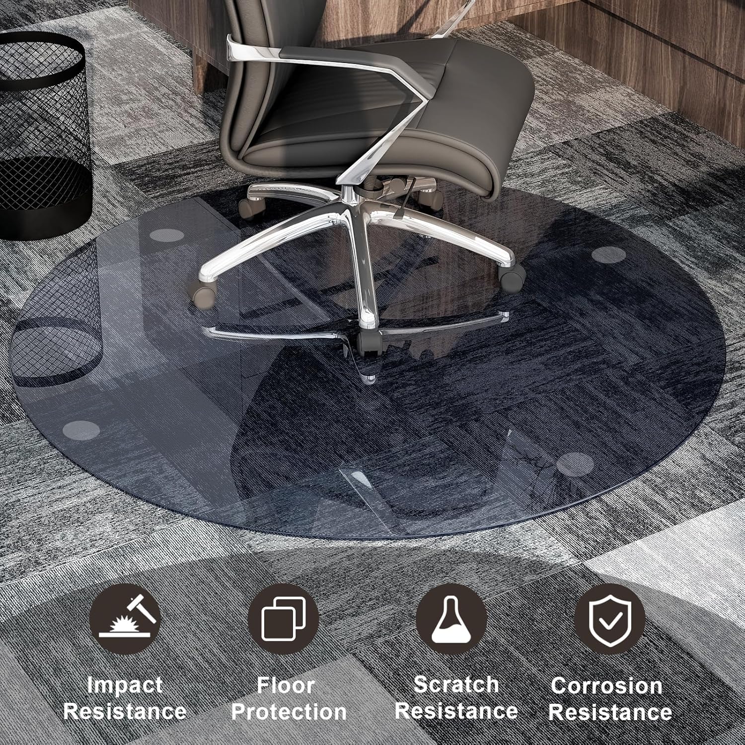 GLSLAND Round Tempered Glass Floor Mat - 55" Office Chair Mat for Carpet Blue & Gray Clear Glass Mat 1/5" Thick for Hardwood Floor/Carpeted Floors