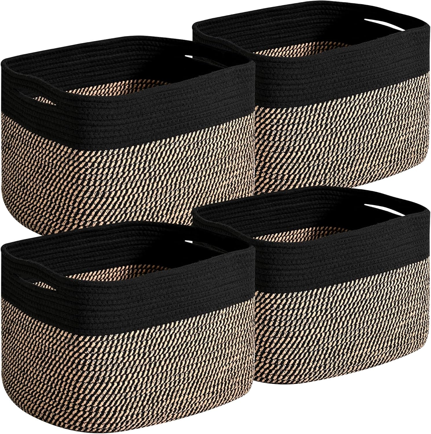 Small Storage Baskets for Organizing Shelves, Cotton Rope Basket for Storage, Cute Rectangular Book Toy Basket, 12.7"×9.1"×7.9", 4 Packs, Black & Jute