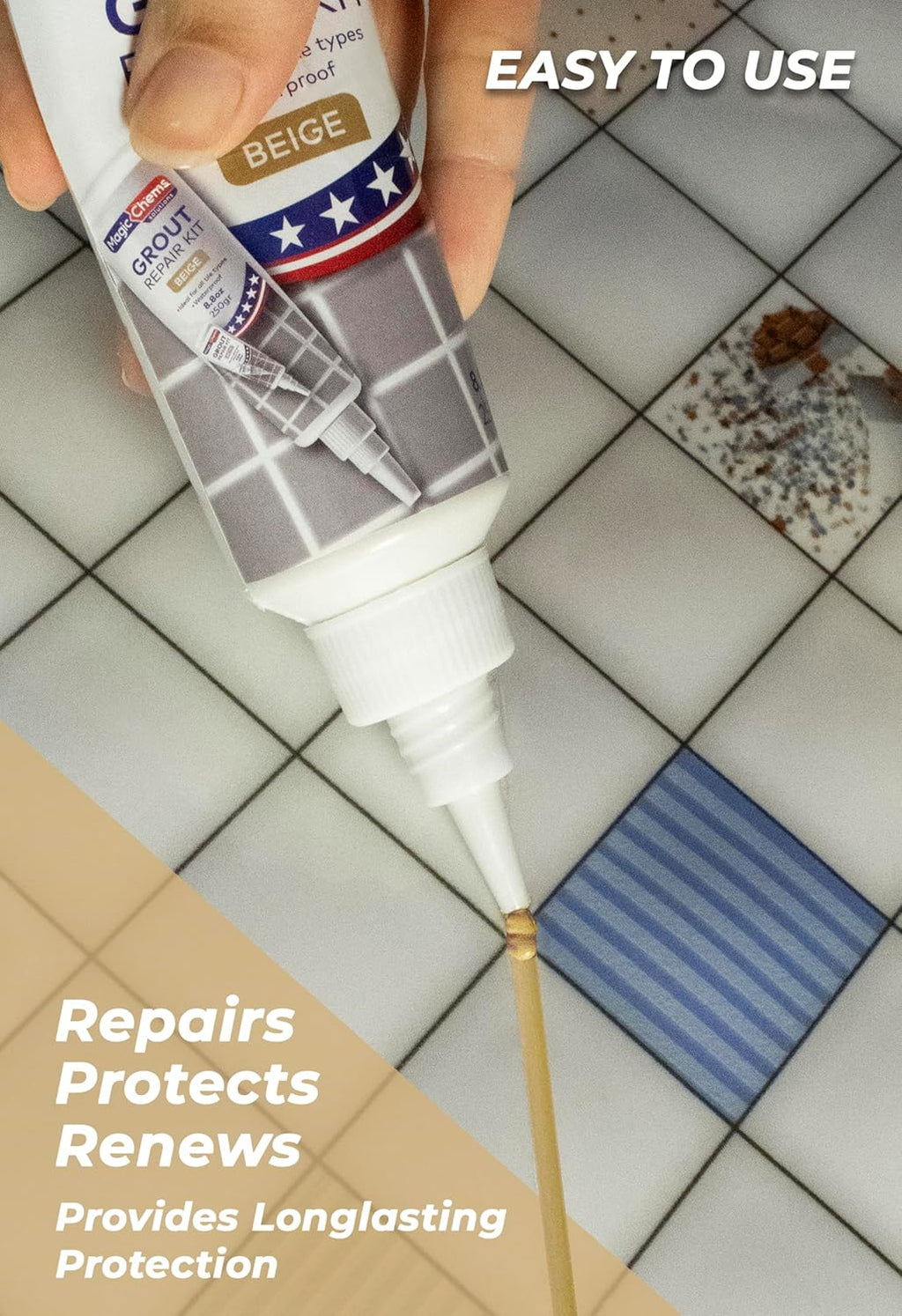 Tile Grout Repair Kit, Beige 8.8 oz/250gr. Fast Drying Grout Filler Tube Repair Kit, Grout Sealer Restore and Renewer for Bathroom Floor Tiles, Gaps, Joints, Lines