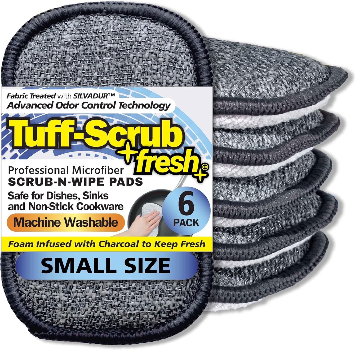 Fresh Scrub-N-Wipe Pad by Tuff-Scrub, 6-Pack, Antimicrobial & Charcoal Foam for Odor Control, Microfiber, Multi-Surface, Non-Scratch, Dual-Sided, Machine Washable, Kitchen Sponge (Small)