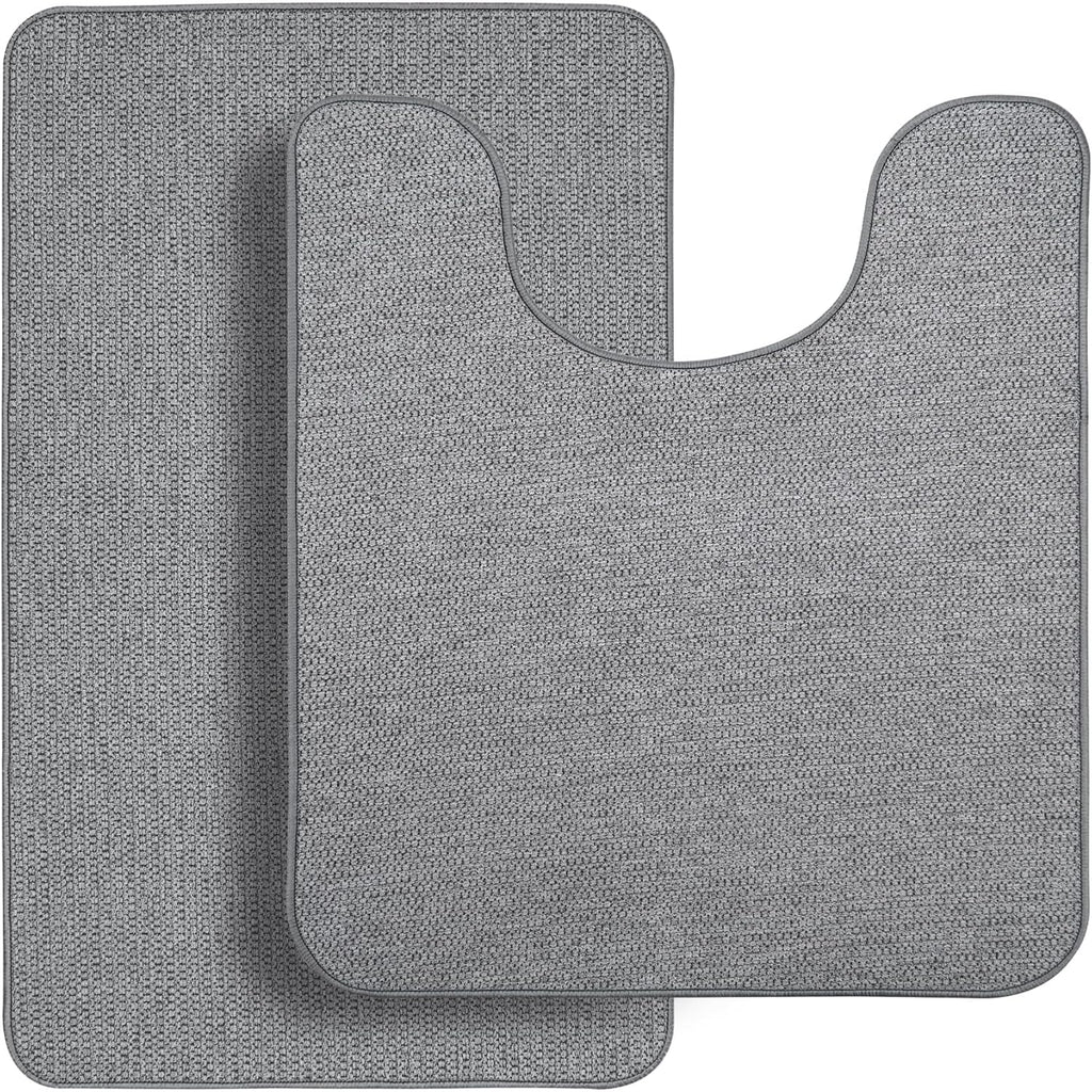 Bathroom Rugs Set 2 Pieces,Thin Bathroom Mats,Toilet Rugs,Quick Dry,Non-Slip,Machine Washable,Low Pile,Absorbent Bath Mats,Shower,Sink,Home Decor Accessories.Grey,1'5"x2'3"+1'8"x2" U Shape