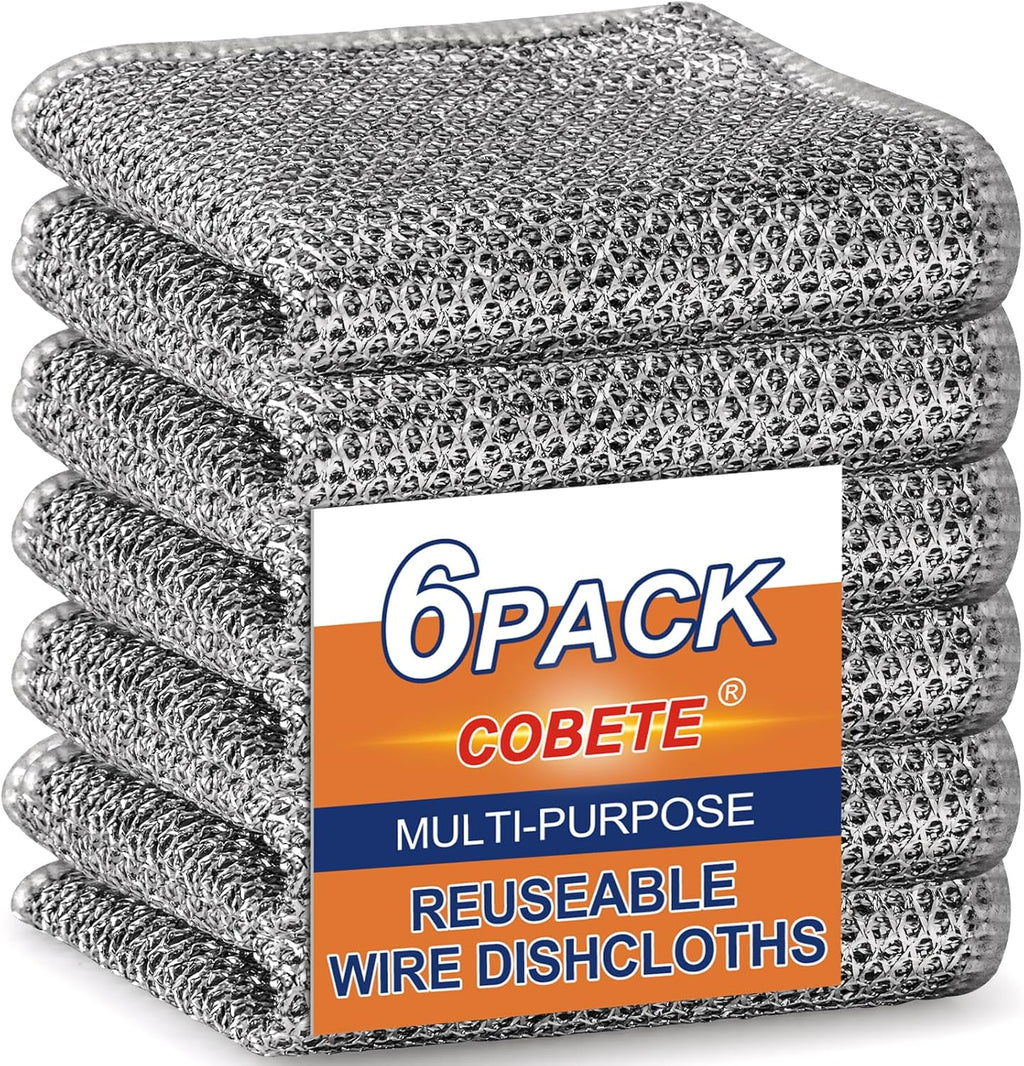 COBETE Non Scratch Wire Dishcloth,Double-Layer Wire Dishwashing Rags for Wet and Dry,Wire Miracle Cleaning Towels and Dish Cloths Multipurpose for Washing Dishes,Cookware, Sinks,Stove Tops,Pack of 6