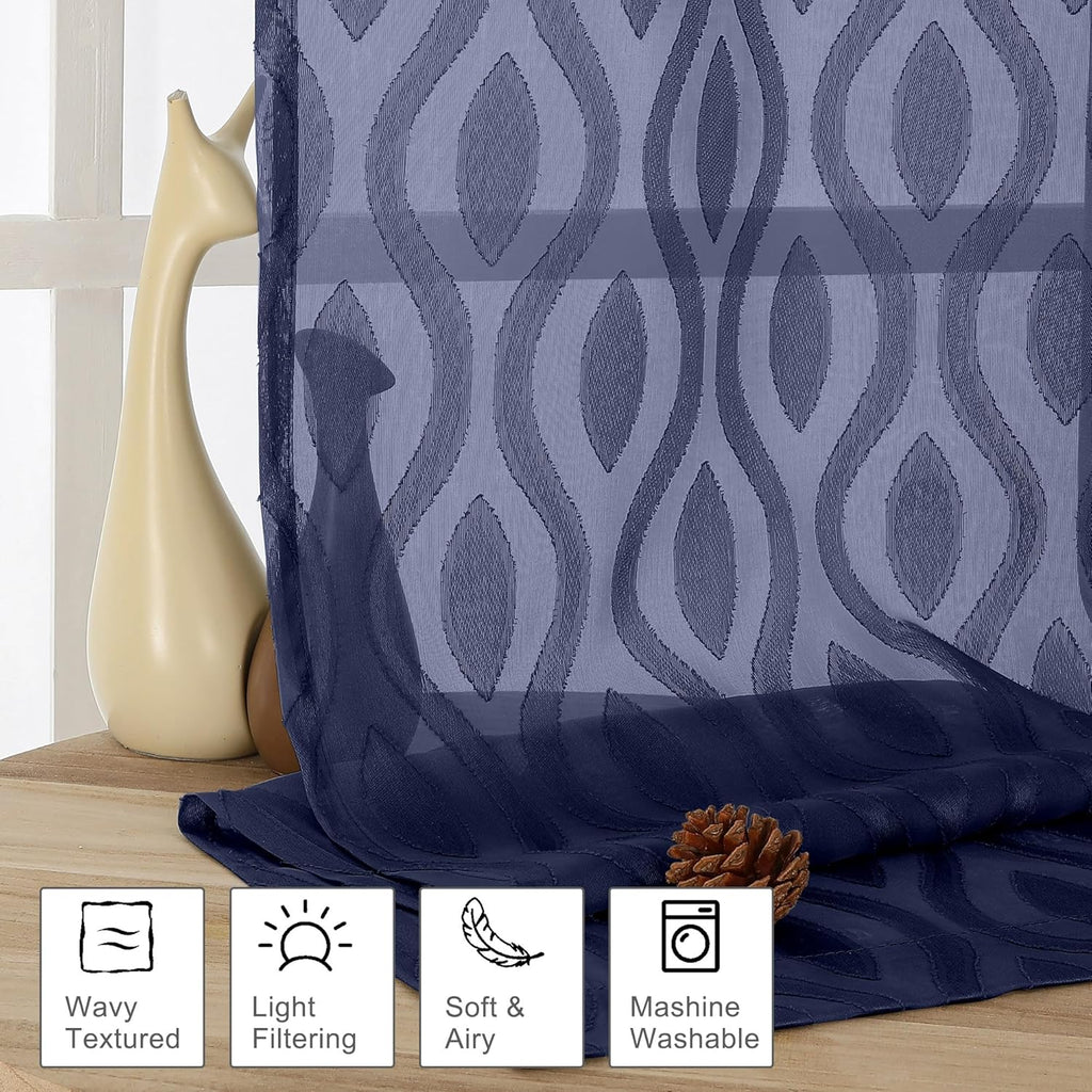 Aiyufeng Navy Blue Curtains - 84 Inch Length (2 Panels), Airy Lightweight Clip Jacquard Light Filtering Bedroom/Living Room Curtains - 80 Inch Width, Wavy Line Rod Pocket, Modern Style