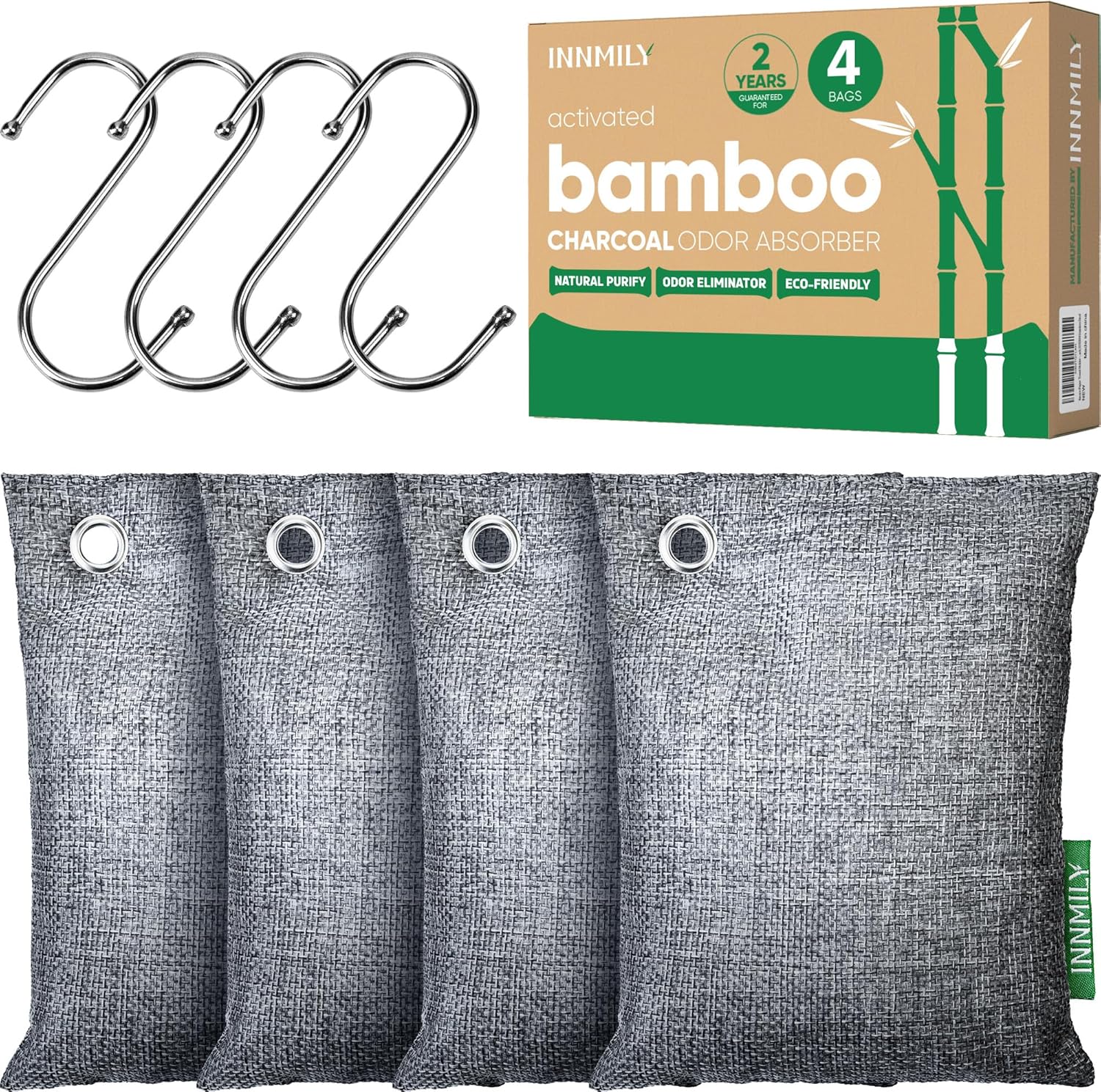 Activated Charcoal Odor Absorber,Large 4x200g w Hooks Nature Odor Eliminator for Strong Odor,Bamboo Charcoal Air Purifying Bags,Moisture Absorbers for Fresh Home Car Closet Pet,Smoke Smell Deodorizer