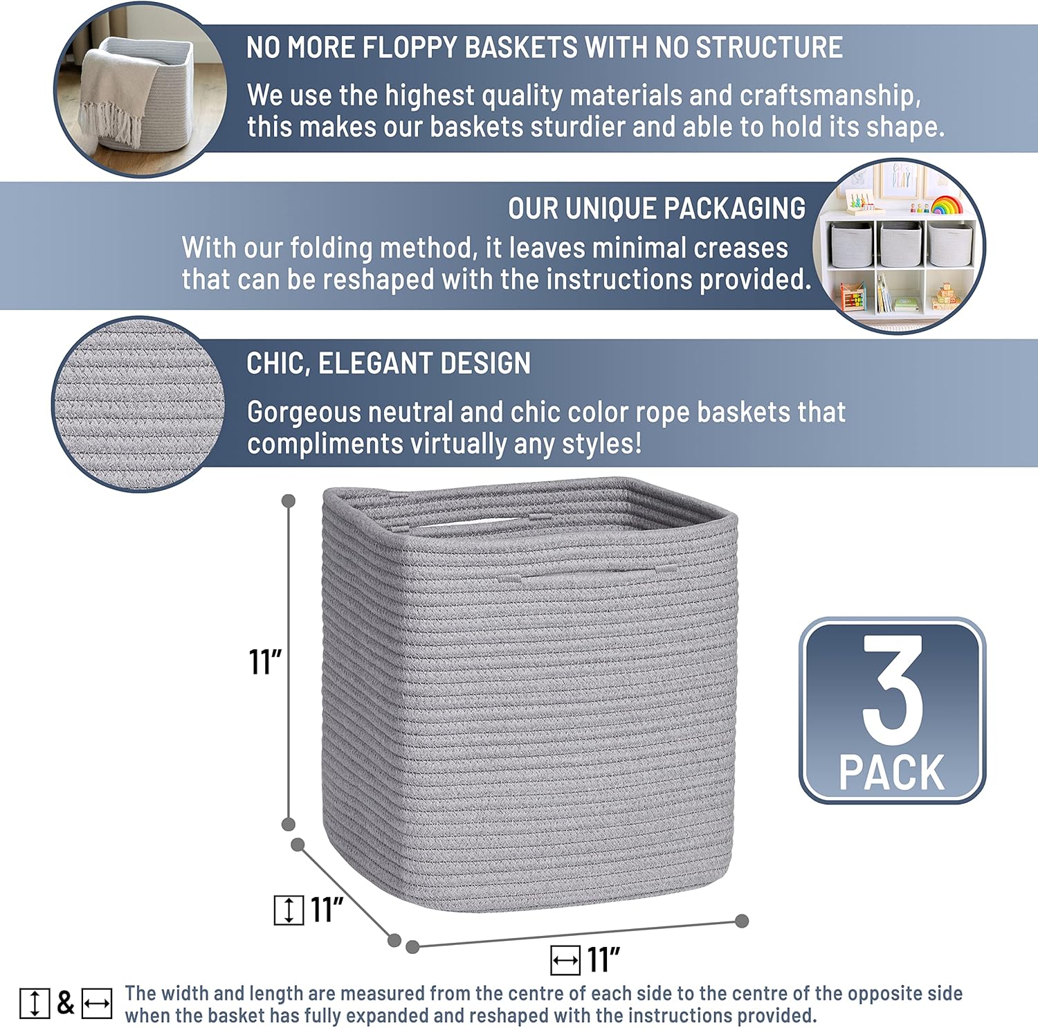 NaturalCozy Storage Cubes 11 Inch Cotton Rope Woven Baskets for Organizing, 3-Pack | Cube Storage Bin | Square Storage Baskets for Shelves Organizer, Classroom, Kids Toy Bins, Closet, Baby Nursery