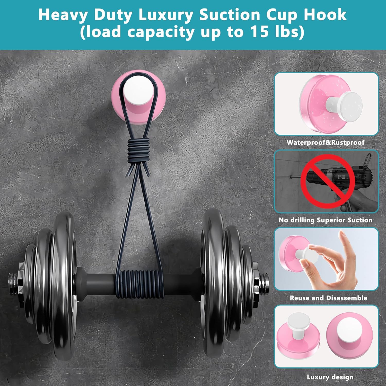 Suction Cup Hooks for Shower,Removable No Drill Towel Hooks,Upgraded 15 lbs Strong Suction hooks for Bathroom Tile,Shower Wall,Glass Door,Kitchen-Loofah,Coat,Stainless Waterproof-Pink White 4 Pcs