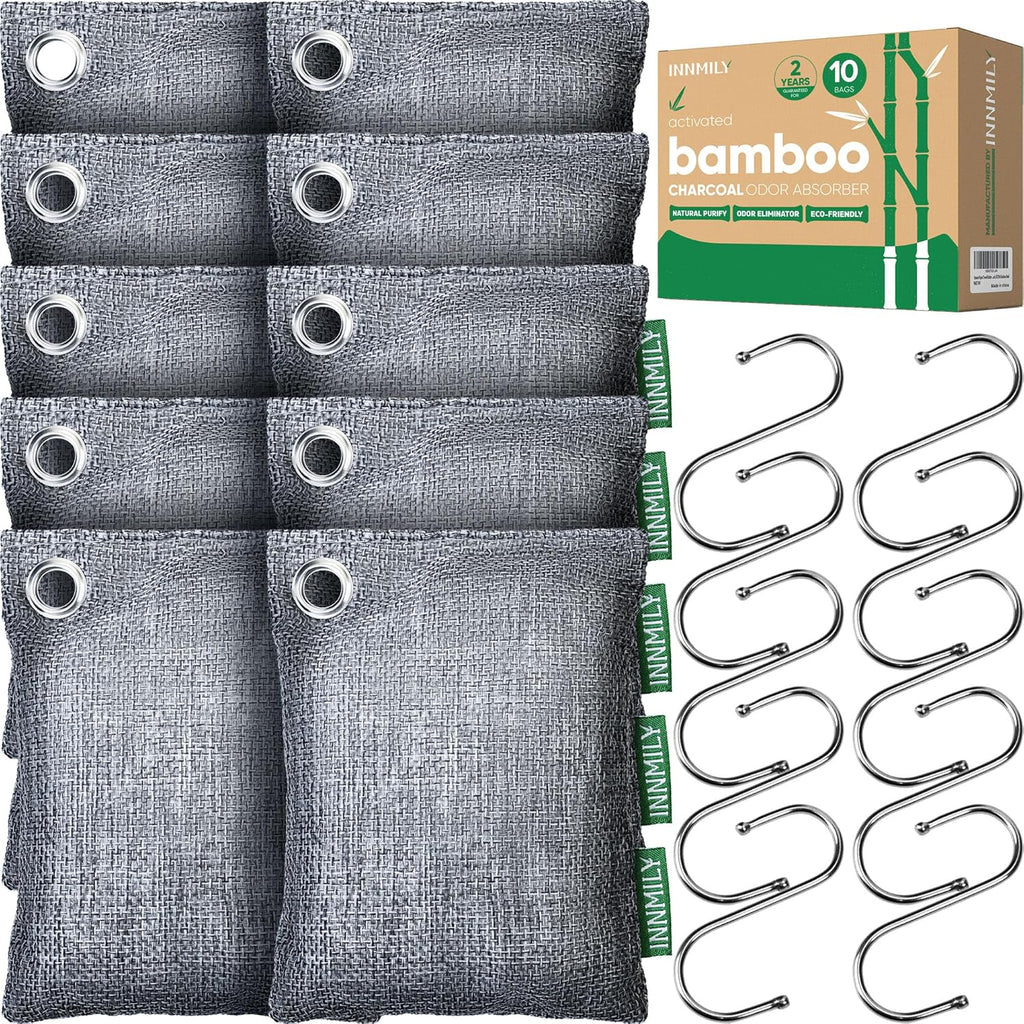 Activated Charcoal Odor Absorber, Large 10 Pack w Hooks Nature Odor Remover for Strong Odor, Bamboo Charcoal Air Purifying Bags, Odor Eliminator for Home Car Closet Pet, Smoke Deodorizer