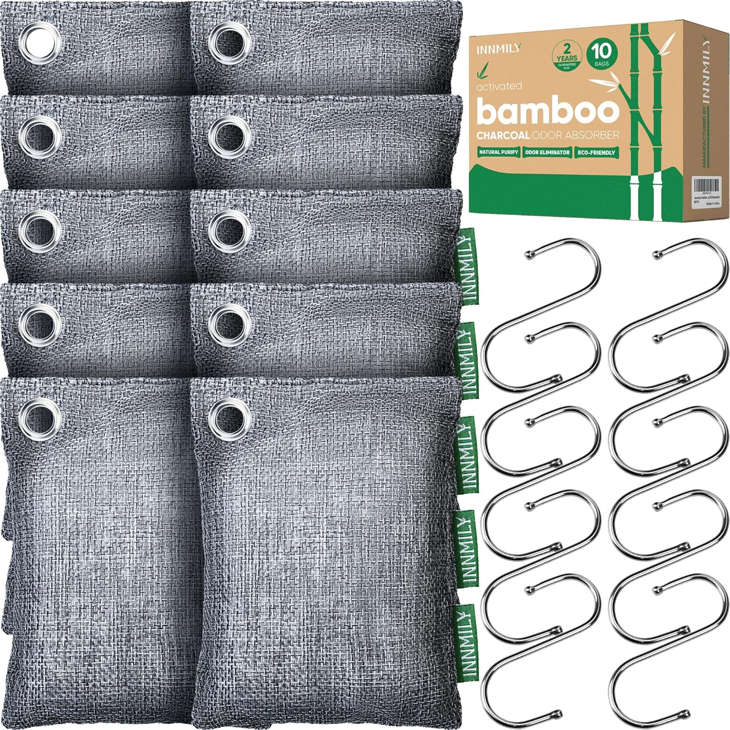 Activated Charcoal Odor Absorber, Large 10 Pack w Hooks Nature Odor Remover for Strong Odor, Bamboo Charcoal Air Purifying Bags, Odor Eliminator for Home Car Closet Pet, Smoke Deodorizer