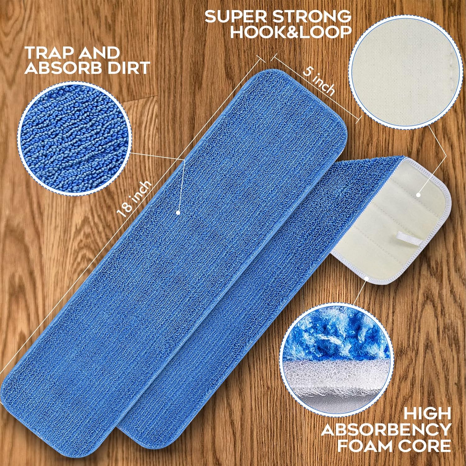 MATTHEW 18'' Microfiber Spray Mop Replacement Pads Heads for Wet Dry Reusable Mops Floor Home Commercial Cleaning Refills, Machine Washable Fits Compatible with Bona Mop&Most Spray Mops Blue (12 Pack)