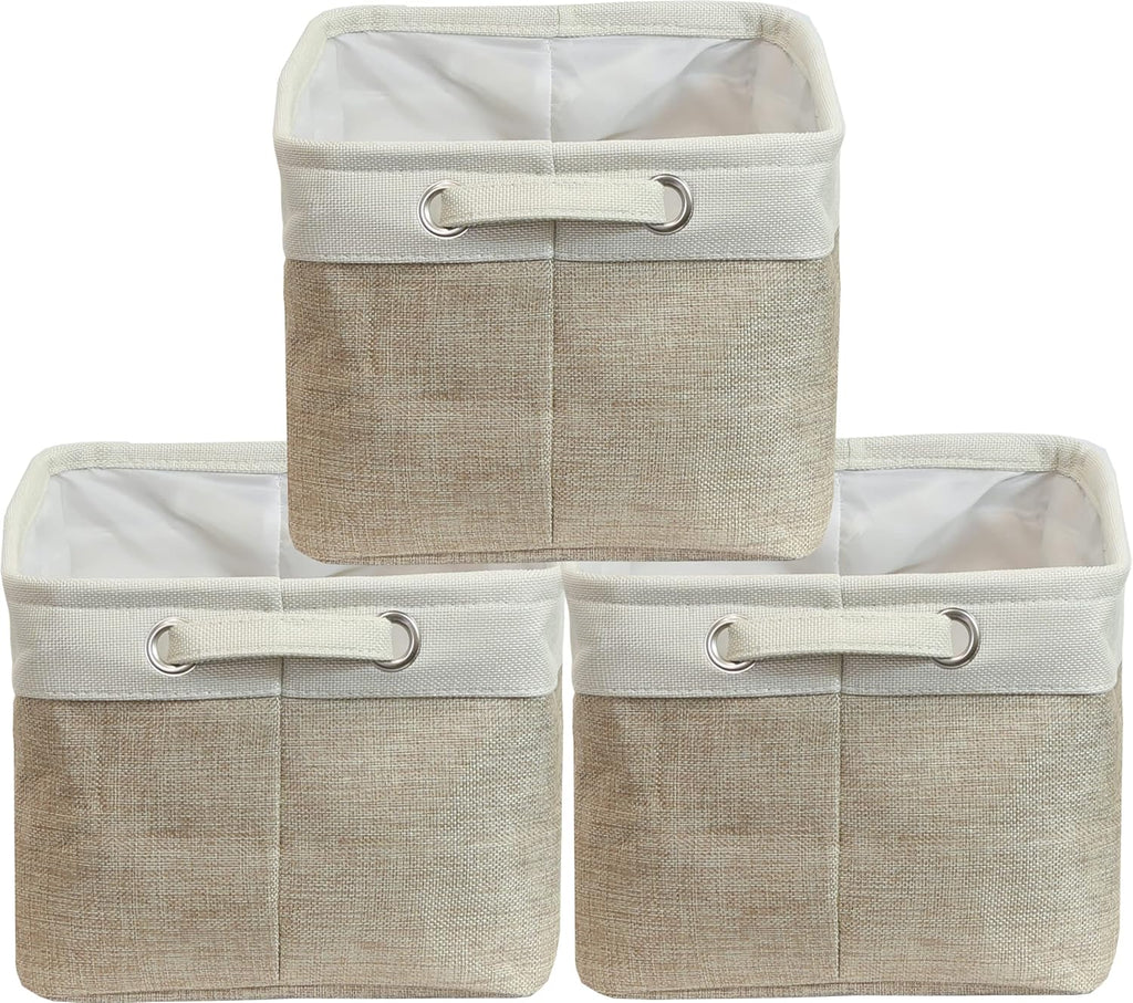 SIMPLE HOUSEWARE Large Fabric Storage Bin, 14.4" x 10" with Handles, 3-Pack, Foldable Organizer for Closet and Shelf, Beige