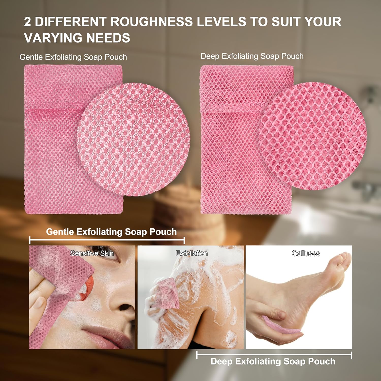 2 Pack Soap Bag Different Roughness Deep and Gentle,Bar Soap Pouch Saver Pocket,Body Scrubber Shower Sponge Loofah,Exfoliating Bath Sponge (Pink)